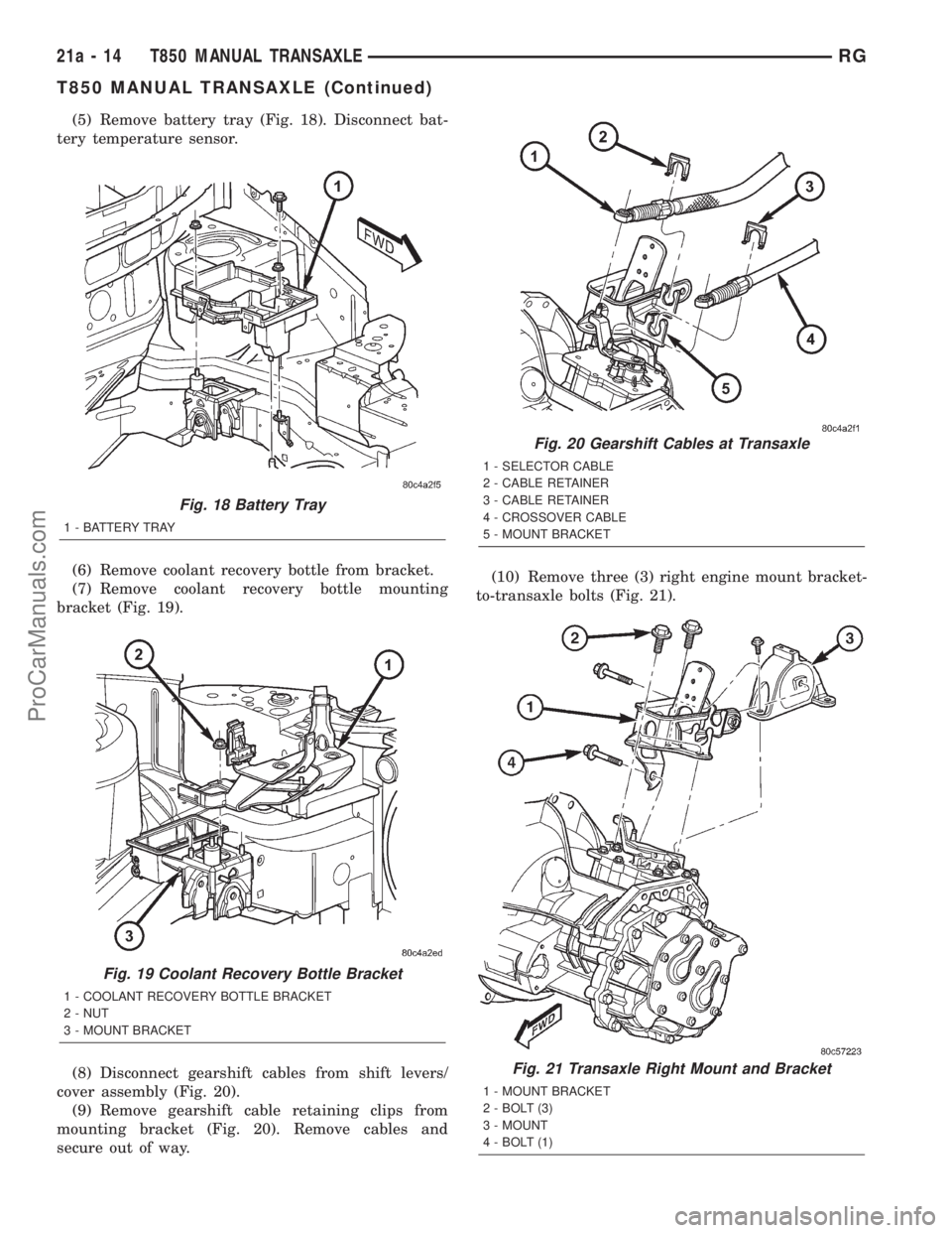 DODGE TOWN AND COUNTRY 2001 Service Manual (5) Remove battery tray (Fig. 18). Disconnect bat-
tery temperature sensor.
(6) Remove coolant recovery bottle from bracket.
(7) Remove coolant recovery bottle mounting
bracket (Fig. 19).
(8) Disconne DODGE TOWN AND COUNTRY 2001 Service Manual (5) Remove battery tray (Fig. 18). Disconnect bat-
tery temperature sensor.
(6) Remove coolant recovery bottle from bracket.
(7) Remove coolant recovery bottle mounting
bracket (Fig. 19).
(8) Disconne