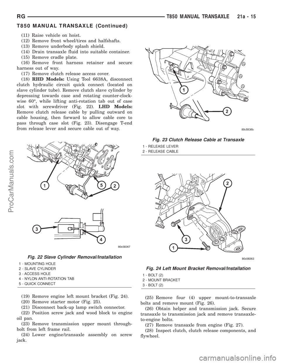 DODGE TOWN AND COUNTRY 2001 Service Manual (11) Raise vehicle on hoist.
(12) Remove front wheel/tires and halfshafts.
(13) Remove underbody splash shield.
(14) Drain transaxle fluid into suitable container.
(15) Remove cradle plate.
(16) Remov DODGE TOWN AND COUNTRY 2001 Service Manual (11) Raise vehicle on hoist.
(12) Remove front wheel/tires and halfshafts.
(13) Remove underbody splash shield.
(14) Drain transaxle fluid into suitable container.
(15) Remove cradle plate.
(16) Remov