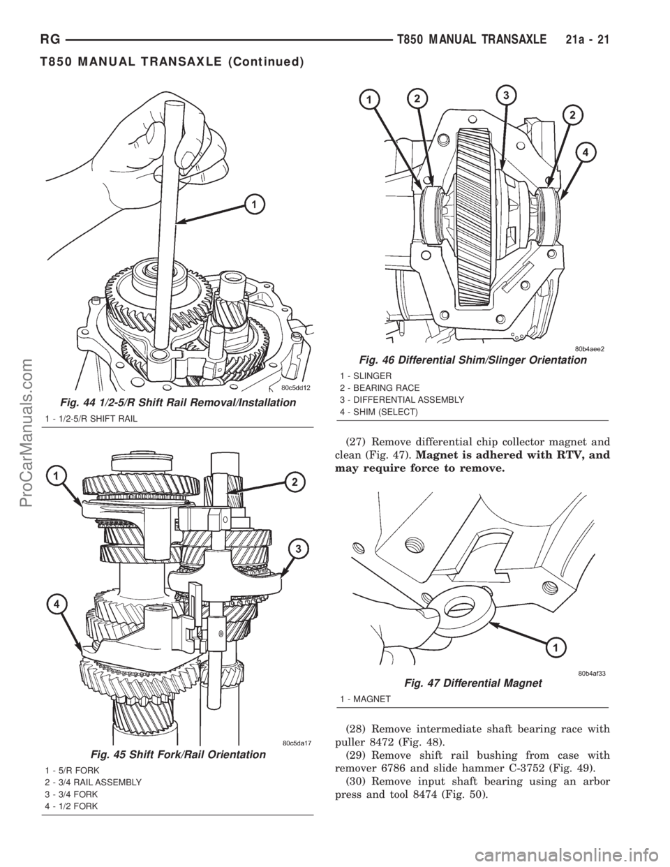 DODGE TOWN AND COUNTRY 2001 Service Manual (27) Remove differential chip collector magnet and
clean (Fig. 47).Magnet is adhered with RTV, and
may require force to remove.
(28) Remove intermediate shaft bearing race with
puller 8472 (Fig. 48).
DODGE TOWN AND COUNTRY 2001 Service Manual (27) Remove differential chip collector magnet and
clean (Fig. 47).Magnet is adhered with RTV, and
may require force to remove.
(28) Remove intermediate shaft bearing race with
puller 8472 (Fig. 48).