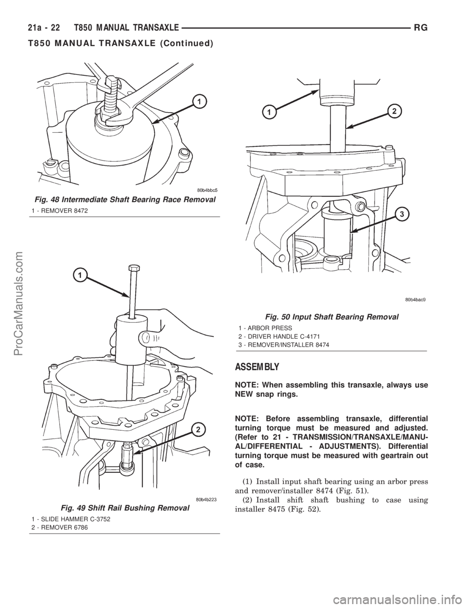 DODGE TOWN AND COUNTRY 2001 Service Manual ASSEMBLY
NOTE: When assembling this transaxle, always use
NEW snap rings.
NOTE: Before assembling transaxle, differential
turning torque must be measured and adjusted.
(Refer to 21 - TRANSMISSION/TRAN DODGE TOWN AND COUNTRY 2001 Service Manual ASSEMBLY
NOTE: When assembling this transaxle, always use
NEW snap rings.
NOTE: Before assembling transaxle, differential
turning torque must be measured and adjusted.
(Refer to 21 - TRANSMISSION/TRAN