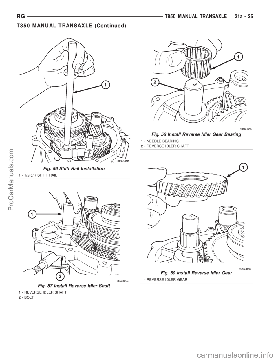 DODGE TOWN AND COUNTRY 2001 Service Manual Fig. 56 Shift Rail Installation
1 - 1/2-5/R SHIFT RAIL
Fig. 57 Install Reverse Idler Shaft
1 - REVERSE IDLER SHAFT
2 - BOLT
Fig. 58 Install Reverse Idler Gear Bearing
1 - NEEDLE BEARING
2 - REVERSE ID DODGE TOWN AND COUNTRY 2001 Service Manual Fig. 56 Shift Rail Installation
1 - 1/2-5/R SHIFT RAIL
Fig. 57 Install Reverse Idler Shaft
1 - REVERSE IDLER SHAFT
2 - BOLT
Fig. 58 Install Reverse Idler Gear Bearing
1 - NEEDLE BEARING
2 - REVERSE ID