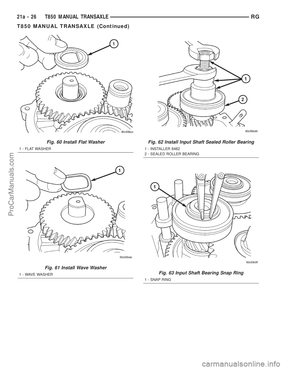 DODGE TOWN AND COUNTRY 2001 Service Manual Fig. 60 Install Flat Washer
1 - FLAT WASHER
Fig. 61 Install Wave Washer
1 - WAVE WASHER
Fig. 62 Install Input Shaft Sealed Roller Bearing
1 - INSTALLER 8482
2 - SEALED ROLLER BEARING
Fig. 63 Input Sha DODGE TOWN AND COUNTRY 2001 Service Manual Fig. 60 Install Flat Washer
1 - FLAT WASHER
Fig. 61 Install Wave Washer
1 - WAVE WASHER
Fig. 62 Install Input Shaft Sealed Roller Bearing
1 - INSTALLER 8482
2 - SEALED ROLLER BEARING
Fig. 63 Input Sha
