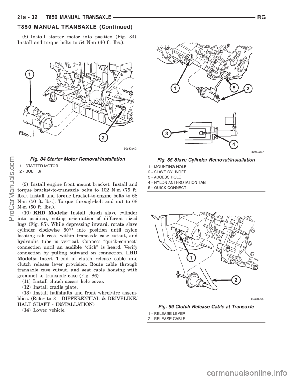 DODGE TOWN AND COUNTRY 2001 Service Manual (8) Install starter motor into position (Fig. 84).
Install and torque bolts to 54 N´m (40 ft. lbs.).
(9) Install engine front mount bracket. Install and
torque bracket-to-transaxle bolts to 102 N´m DODGE TOWN AND COUNTRY 2001 Service Manual (8) Install starter motor into position (Fig. 84).
Install and torque bolts to 54 N´m (40 ft. lbs.).
(9) Install engine front mount bracket. Install and
torque bracket-to-transaxle bolts to 102 N´m