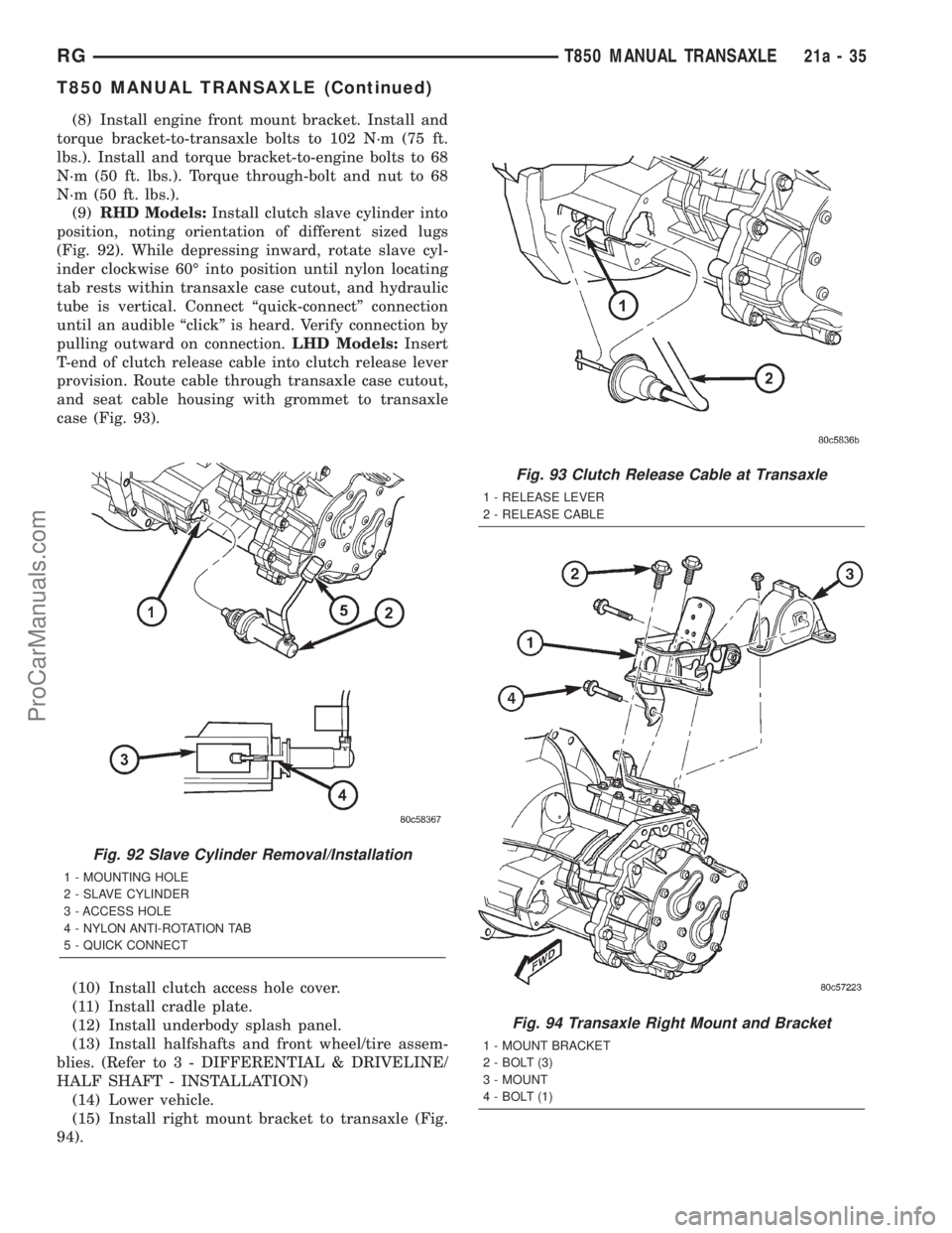 DODGE TOWN AND COUNTRY 2001 Service Manual (8) Install engine front mount bracket. Install and
torque bracket-to-transaxle bolts to 102 N´m (75 ft.
lbs.). Install and torque bracket-to-engine bolts to 68
N´m (50 ft. lbs.). Torque through-bol DODGE TOWN AND COUNTRY 2001 Service Manual (8) Install engine front mount bracket. Install and
torque bracket-to-transaxle bolts to 102 N´m (75 ft.
lbs.). Install and torque bracket-to-engine bolts to 68
N´m (50 ft. lbs.). Torque through-bol