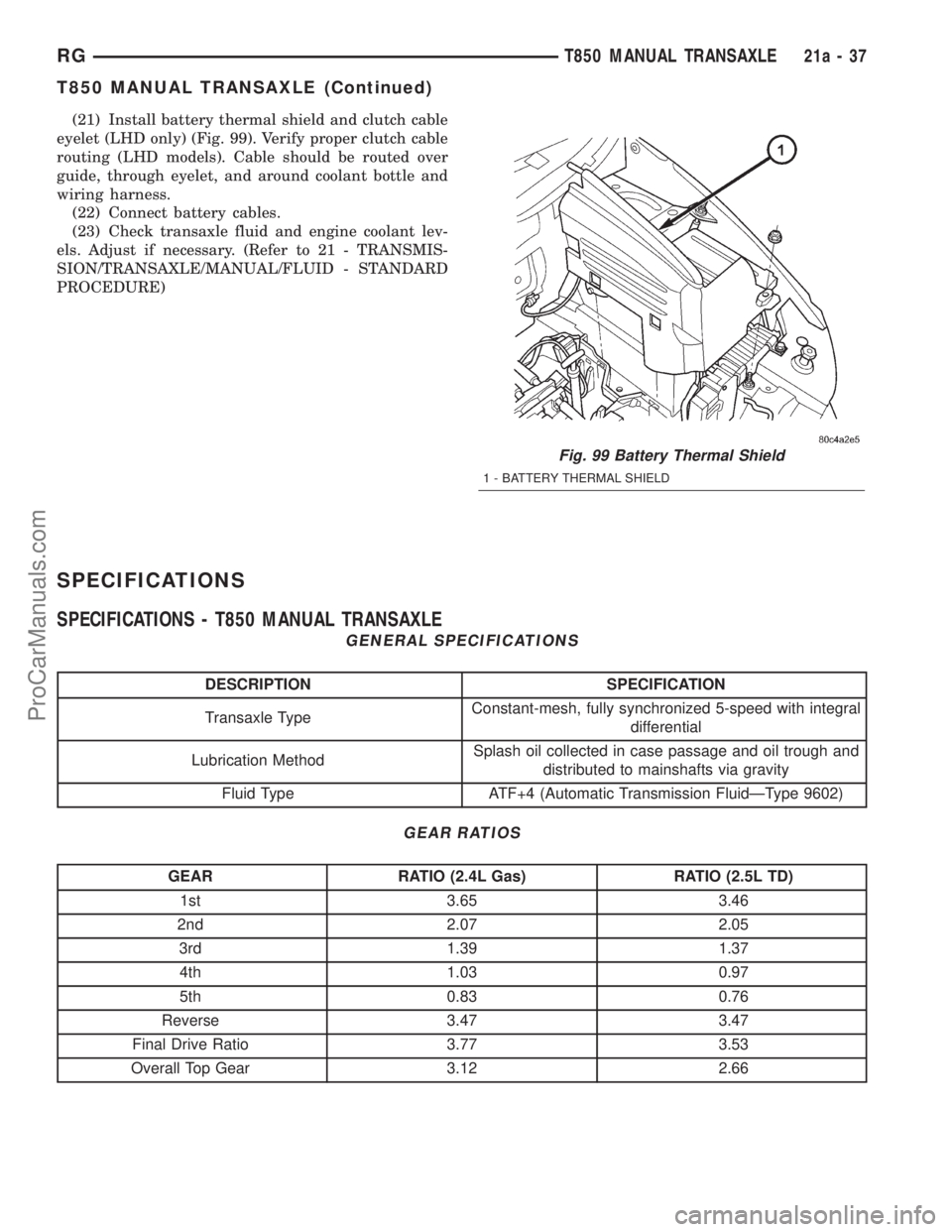 DODGE TOWN AND COUNTRY 2001 Service Manual (21) Install battery thermal shield and clutch cable
eyelet (LHD only) (Fig. 99). Verify proper clutch cable
routing (LHD models). Cable should be routed over
guide, through eyelet, and around coolant DODGE TOWN AND COUNTRY 2001 Service Manual (21) Install battery thermal shield and clutch cable
eyelet (LHD only) (Fig. 99). Verify proper clutch cable
routing (LHD models). Cable should be routed over
guide, through eyelet, and around coolant