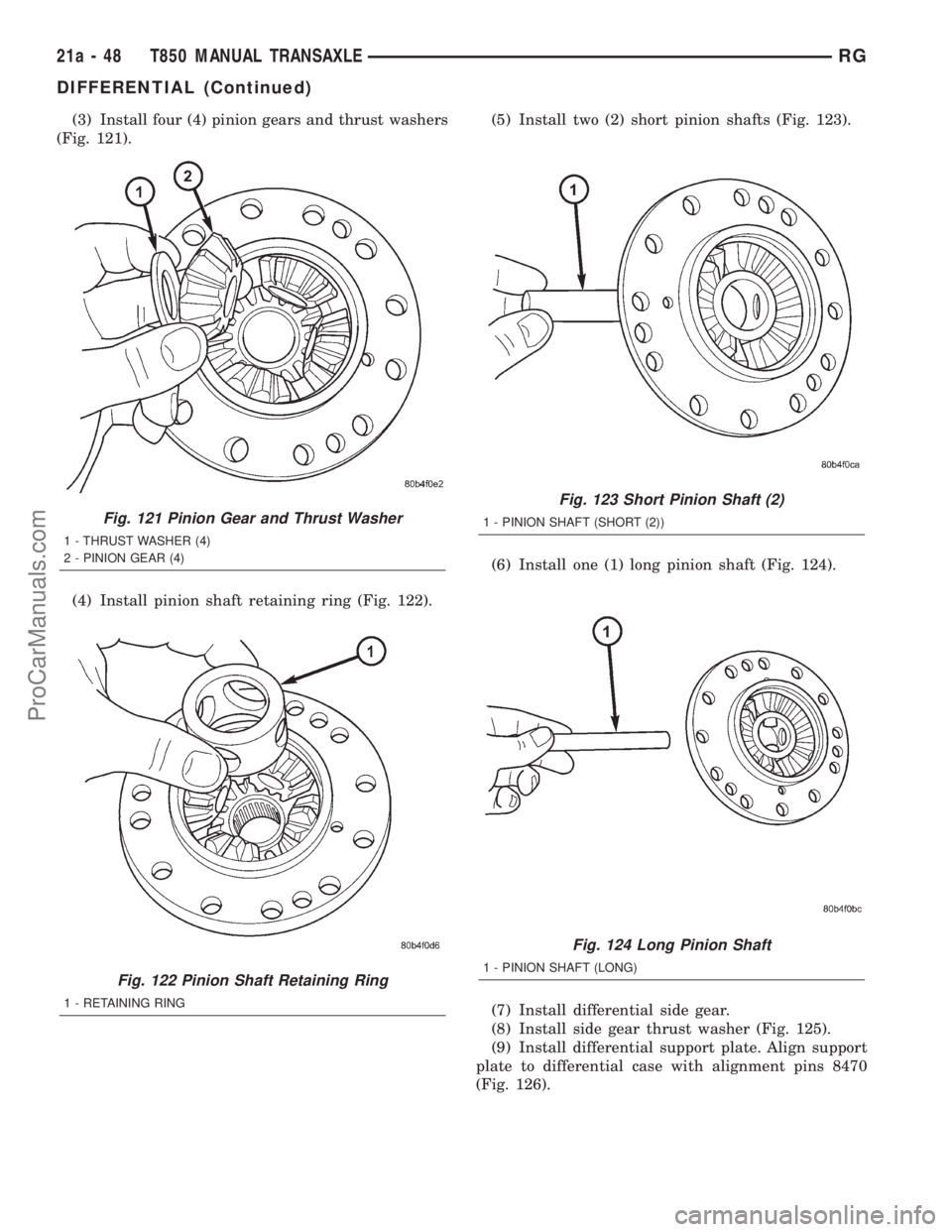DODGE TOWN AND COUNTRY 2001 Service Manual (3) Install four (4) pinion gears and thrust washers
(Fig. 121).
(4) Install pinion shaft retaining ring (Fig. 122).(5) Install two (2) short pinion shafts (Fig. 123).
(6) Install one (1) long pinion DODGE TOWN AND COUNTRY 2001 Service Manual (3) Install four (4) pinion gears and thrust washers
(Fig. 121).
(4) Install pinion shaft retaining ring (Fig. 122).(5) Install two (2) short pinion shafts (Fig. 123).
(6) Install one (1) long pinion