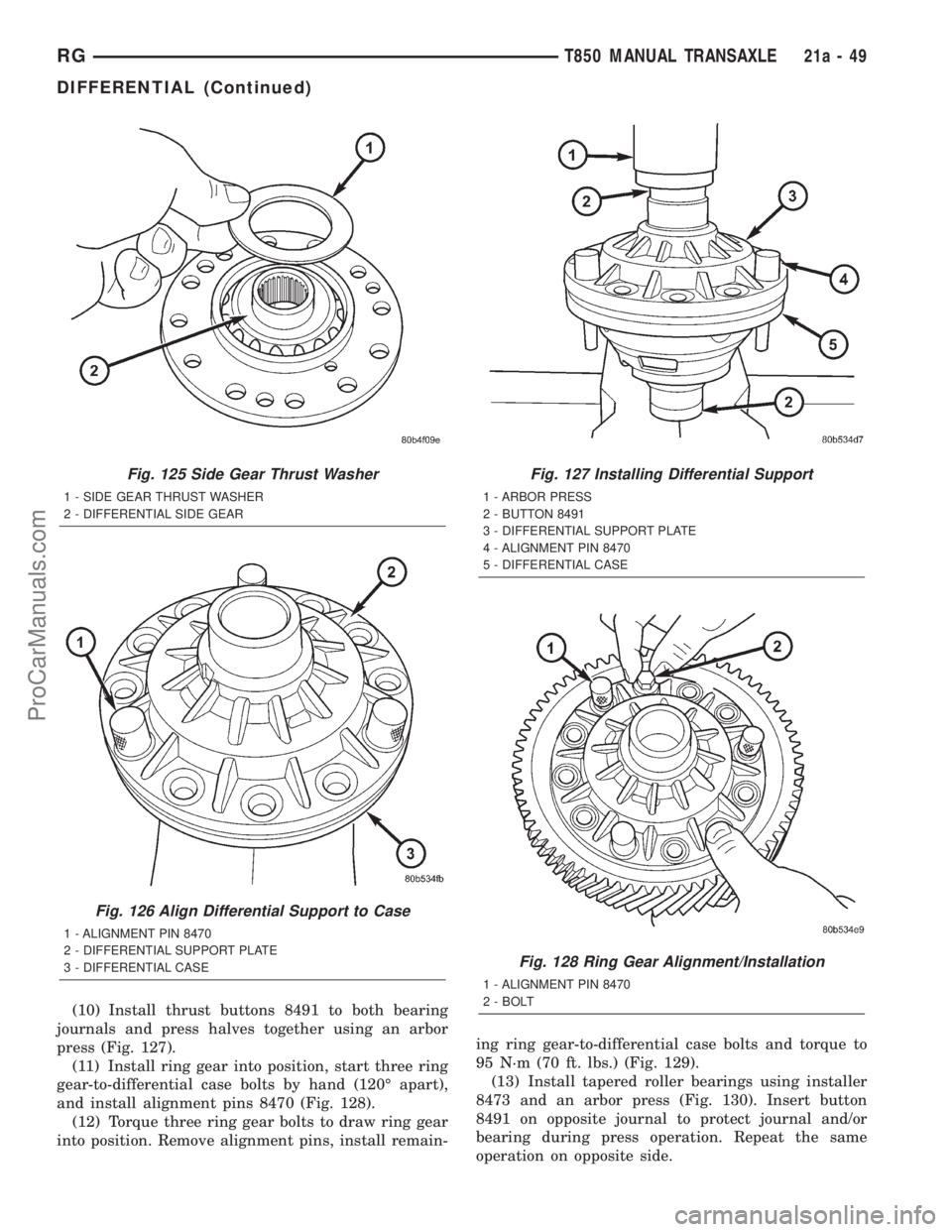 DODGE TOWN AND COUNTRY 2001 Service Manual (10) Install thrust buttons 8491 to both bearing
journals and press halves together using an arbor
press (Fig. 127).
(11) Install ring gear into position, start three ring
gear-to-differential case bo DODGE TOWN AND COUNTRY 2001 Service Manual (10) Install thrust buttons 8491 to both bearing
journals and press halves together using an arbor
press (Fig. 127).
(11) Install ring gear into position, start three ring
gear-to-differential case bo