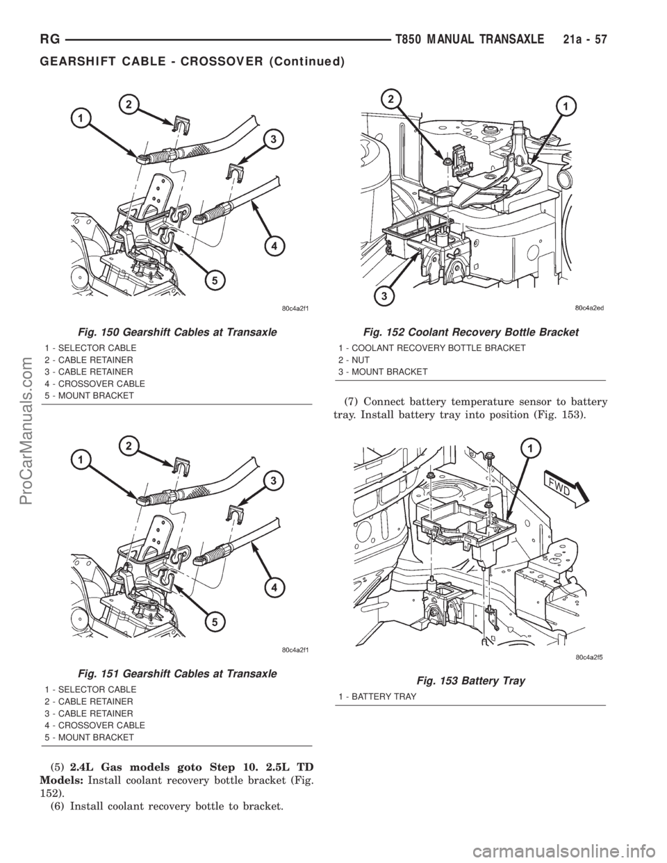 DODGE TOWN AND COUNTRY 2001 Service Manual (5)2.4L Gas models goto Step 10. 2.5L TD
Models:Install coolant recovery bottle bracket (Fig.
152).
(6) Install coolant recovery bottle to bracket.(7) Connect battery temperature sensor to battery
tra DODGE TOWN AND COUNTRY 2001 Service Manual (5)2.4L Gas models goto Step 10. 2.5L TD
Models:Install coolant recovery bottle bracket (Fig.
152).
(6) Install coolant recovery bottle to bracket.(7) Connect battery temperature sensor to battery
tra