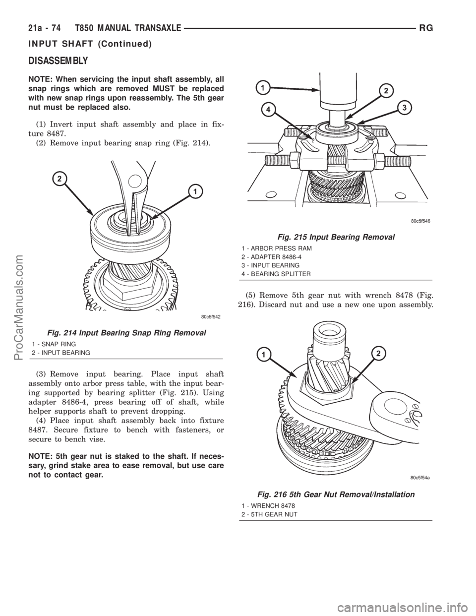 DODGE TOWN AND COUNTRY 2001 Service Manual DISASSEMBLY
NOTE: When servicing the input shaft assembly, all
snap rings which are removed MUST be replaced
with new snap rings upon reassembly. The 5th gear
nut must be replaced also.
(1) Invert inp DODGE TOWN AND COUNTRY 2001 Service Manual DISASSEMBLY
NOTE: When servicing the input shaft assembly, all
snap rings which are removed MUST be replaced
with new snap rings upon reassembly. The 5th gear
nut must be replaced also.
(1) Invert inp