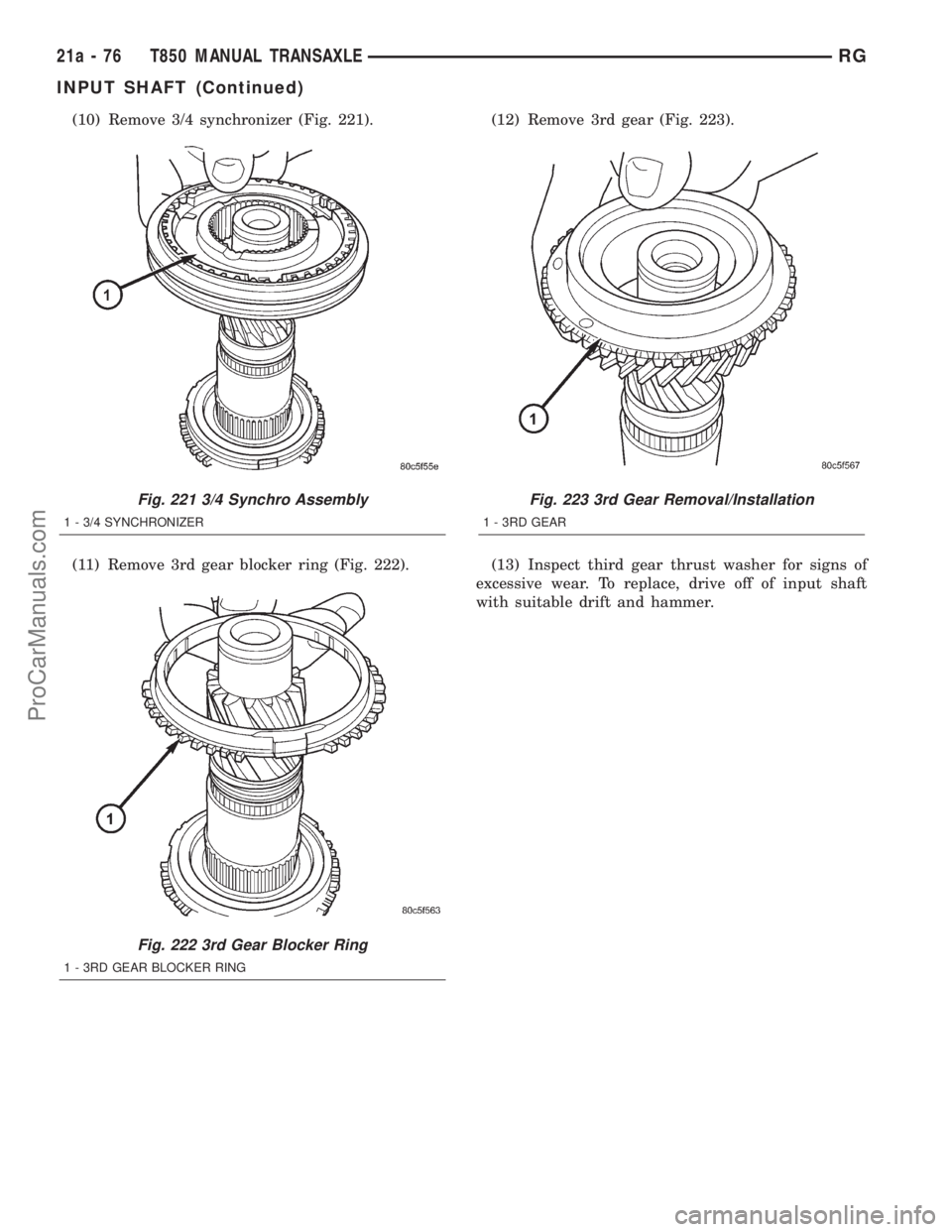 DODGE TOWN AND COUNTRY 2001 Service Manual (10) Remove 3/4 synchronizer (Fig. 221).
(11) Remove 3rd gear blocker ring (Fig. 222).(12) Remove 3rd gear (Fig. 223).
(13) Inspect third gear thrust washer for signs of
excessive wear. To replace, dr DODGE TOWN AND COUNTRY 2001 Service Manual (10) Remove 3/4 synchronizer (Fig. 221).
(11) Remove 3rd gear blocker ring (Fig. 222).(12) Remove 3rd gear (Fig. 223).
(13) Inspect third gear thrust washer for signs of
excessive wear. To replace, dr