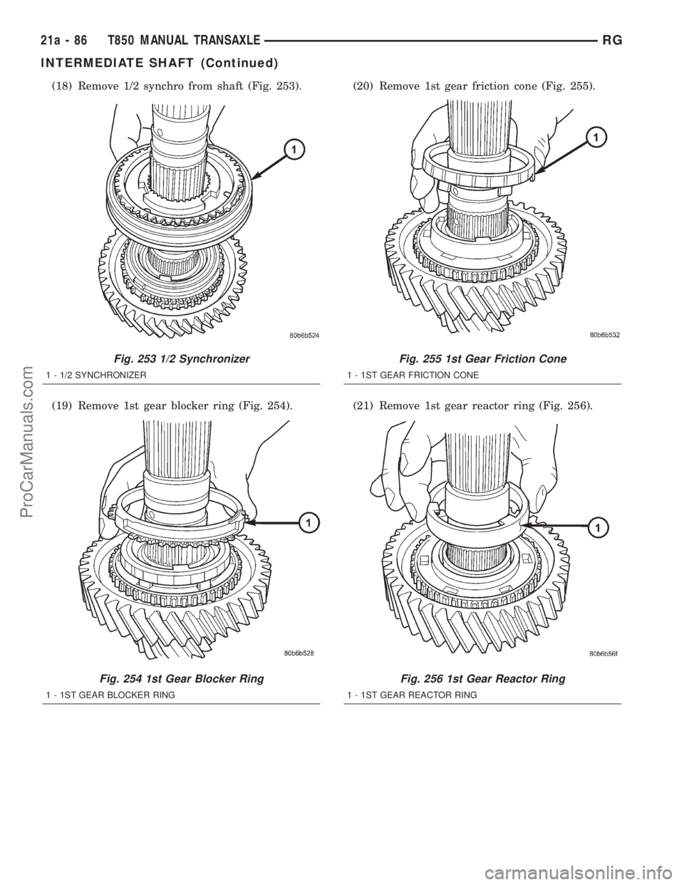 DODGE TOWN AND COUNTRY 2001  Service Manual (18) Remove 1/2 synchro from shaft (Fig. 253).
(19) Remove 1st gear blocker ring (Fig. 254).(20) Remove 1st gear friction cone (Fig. 255).
(21) Remove 1st gear reactor ring (Fig. 256).
Fig. 253 1/2 Sy