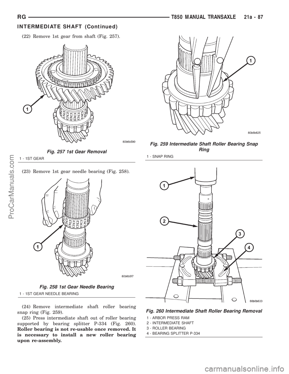 DODGE TOWN AND COUNTRY 2001  Service Manual (22) Remove 1st gear from shaft (Fig. 257).
(23) Remove 1st gear needle bearing (Fig. 258).
(24) Remove intermediate shaft roller bearing
snap ring (Fig. 259).
(25) Press intermediate shaft out of rol