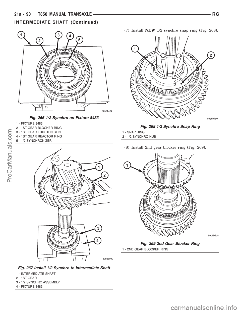 DODGE TOWN AND COUNTRY 2001  Service Manual (7) InstallNEW1/2 synchro snap ring (Fig. 268).
(8) Install 2nd gear blocker ring (Fig. 269).
Fig. 266 1/2 Synchro on Fixture 8483
1 - FIXTURE 8483
2 - 1ST GEAR BLOCKER RING
3 - 1ST GEAR FRICTION CONE