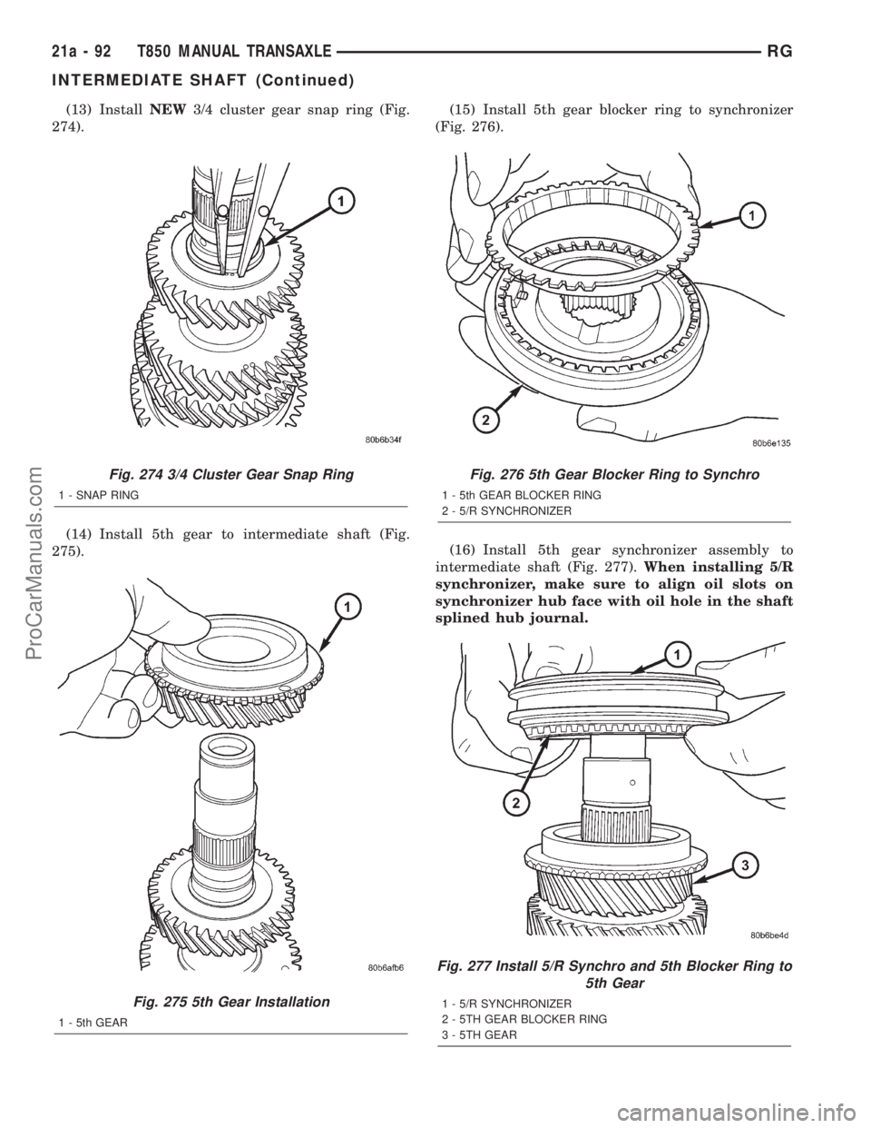 DODGE TOWN AND COUNTRY 2001 Service Manual (13) InstallNEW3/4 cluster gear snap ring (Fig.
274).
(14) Install 5th gear to intermediate shaft (Fig.
275).(15) Install 5th gear blocker ring to synchronizer
(Fig. 276).
(16) Install 5th gear synchr DODGE TOWN AND COUNTRY 2001 Service Manual (13) InstallNEW3/4 cluster gear snap ring (Fig.
274).
(14) Install 5th gear to intermediate shaft (Fig.
275).(15) Install 5th gear blocker ring to synchronizer
(Fig. 276).
(16) Install 5th gear synchr