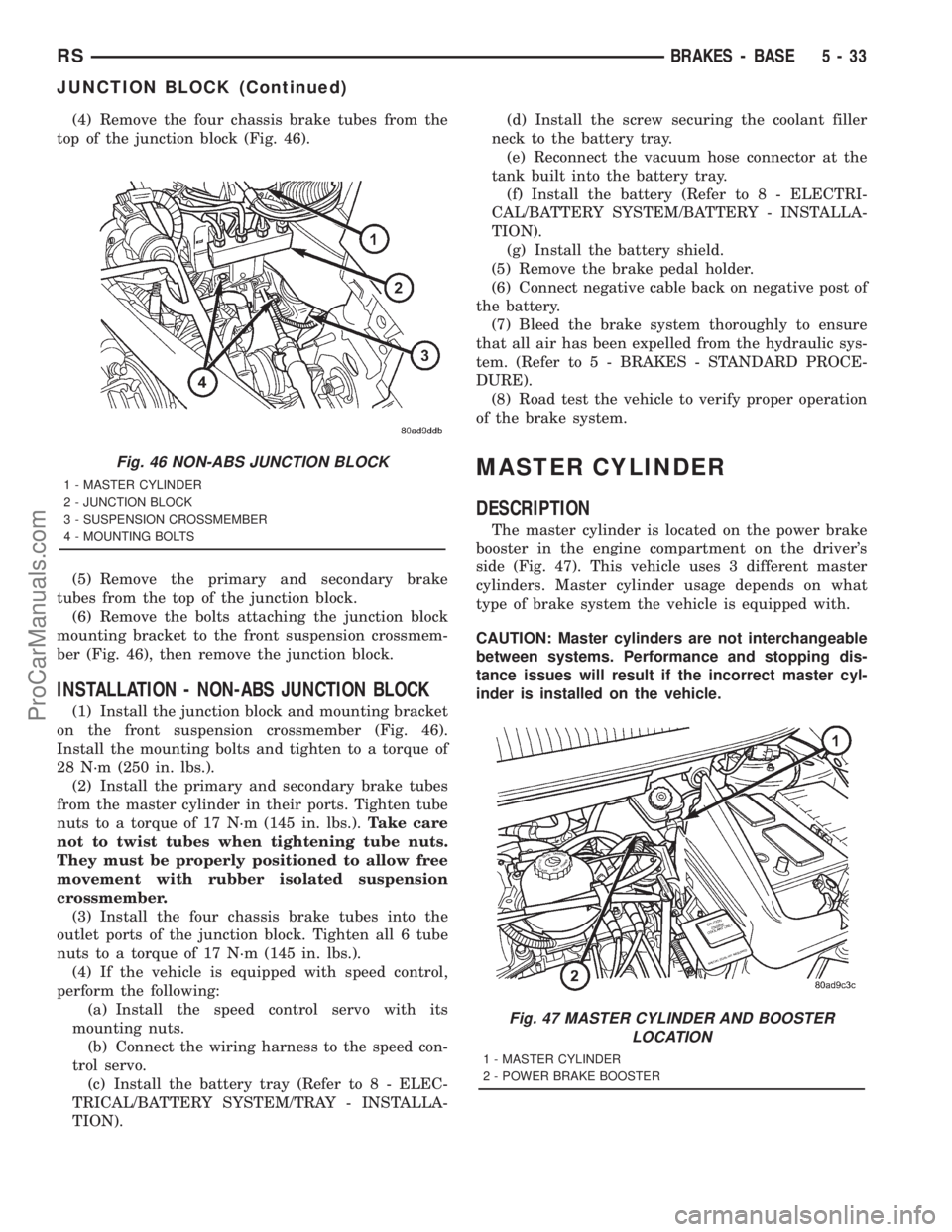 DODGE TOWN AND COUNTRY 2001 Service Manual (4) Remove the four chassis brake tubes from the
top of the junction block (Fig. 46).
(5) Remove the primary and secondary brake
tubes from the top of the junction block.
(6) Remove the bolts attachin DODGE TOWN AND COUNTRY 2001 Service Manual (4) Remove the four chassis brake tubes from the
top of the junction block (Fig. 46).
(5) Remove the primary and secondary brake
tubes from the top of the junction block.
(6) Remove the bolts attachin