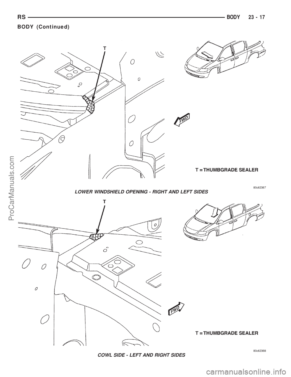 DODGE TOWN AND COUNTRY 2001  Service Manual LOWER WINDSHIELD OPENING - RIGHT AND LEFT SIDES
COWL SIDE - LEFT AND RIGHT SIDES
RSBODY23-17
BODY (Continued)
ProCarManuals.com 