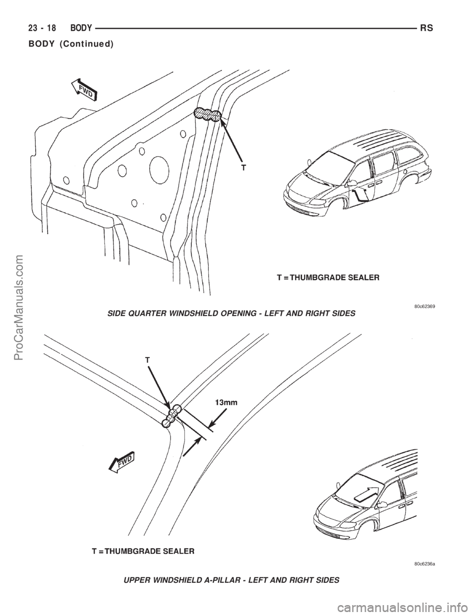 DODGE TOWN AND COUNTRY 2001 Service Manual SIDE QUARTER WINDSHIELD OPENING - LEFT AND RIGHT SIDES
UPPER WINDSHIELD A-PILLAR - LEFT AND RIGHT SIDES
23 - 18 BODYRS
BODY (Continued)
ProCarManuals.com DODGE TOWN AND COUNTRY 2001 Service Manual SIDE QUARTER WINDSHIELD OPENING - LEFT AND RIGHT SIDES
UPPER WINDSHIELD A-PILLAR - LEFT AND RIGHT SIDES
23 - 18 BODYRS
BODY (Continued)
ProCarManuals.com