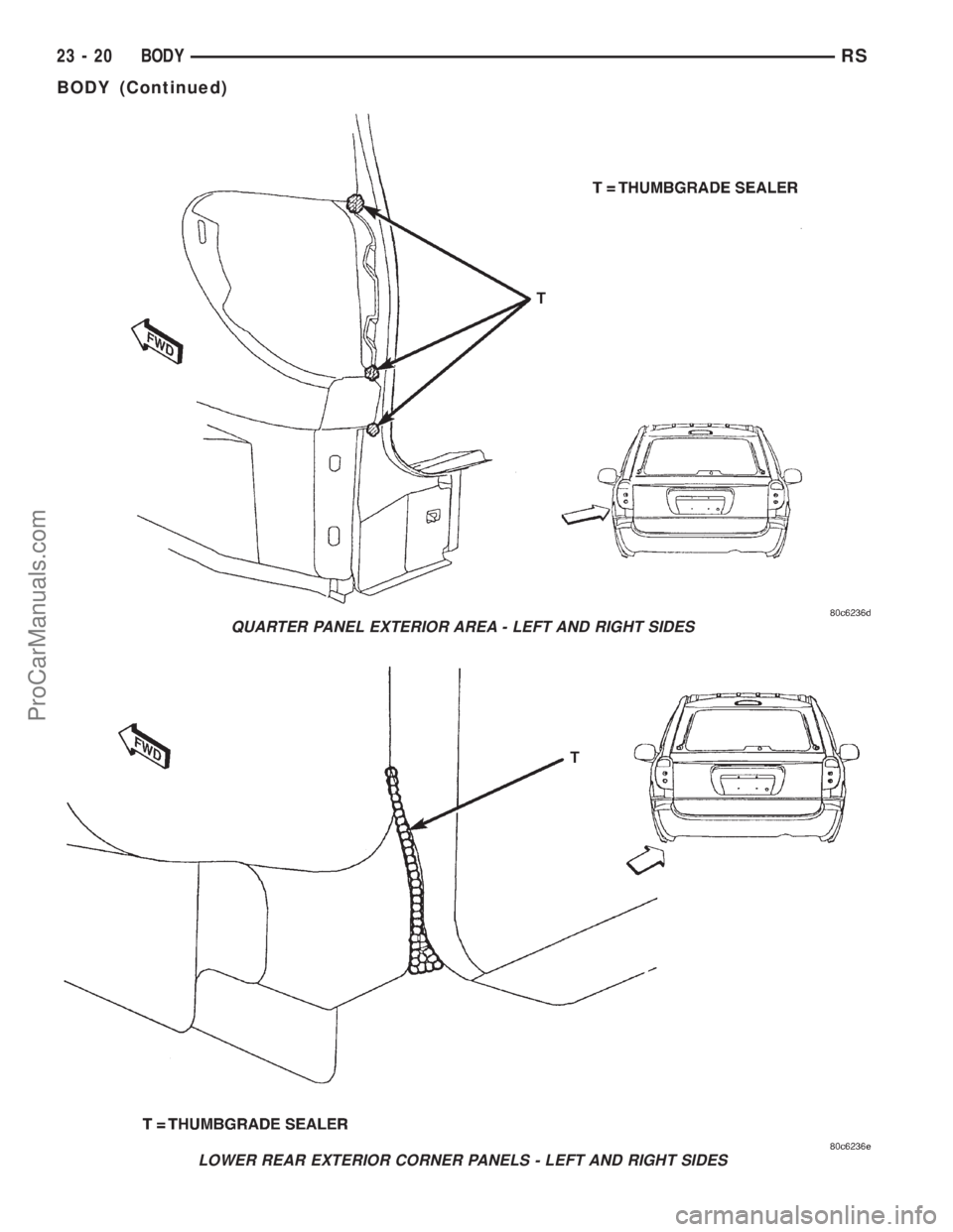 DODGE TOWN AND COUNTRY 2001 Service Manual QUARTER PANEL EXTERIOR AREA - LEFT AND RIGHT SIDES
LOWER REAR EXTERIOR CORNER PANELS - LEFT AND RIGHT SIDES
23 - 20 BODYRS
BODY (Continued)
ProCarManuals.com DODGE TOWN AND COUNTRY 2001 Service Manual QUARTER PANEL EXTERIOR AREA - LEFT AND RIGHT SIDES
LOWER REAR EXTERIOR CORNER PANELS - LEFT AND RIGHT SIDES
23 - 20 BODYRS
BODY (Continued)
ProCarManuals.com