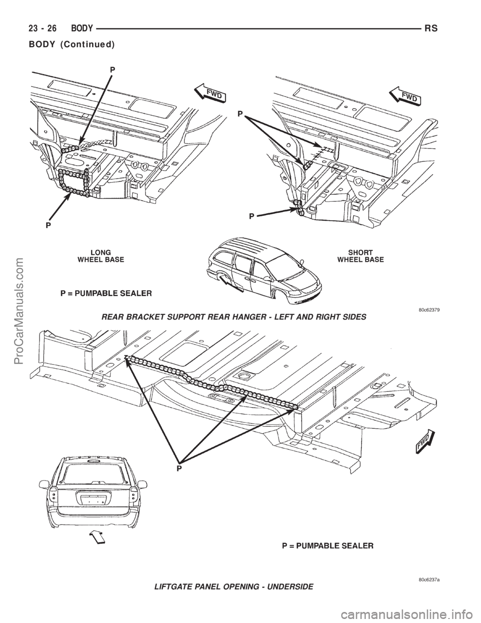 DODGE TOWN AND COUNTRY 2001 Service Manual REAR BRACKET SUPPORT REAR HANGER - LEFT AND RIGHT SIDES
LIFTGATE PANEL OPENING - UNDERSIDE
23 - 26 BODYRS
BODY (Continued)
ProCarManuals.com DODGE TOWN AND COUNTRY 2001 Service Manual REAR BRACKET SUPPORT REAR HANGER - LEFT AND RIGHT SIDES
LIFTGATE PANEL OPENING - UNDERSIDE
23 - 26 BODYRS
BODY (Continued)
ProCarManuals.com