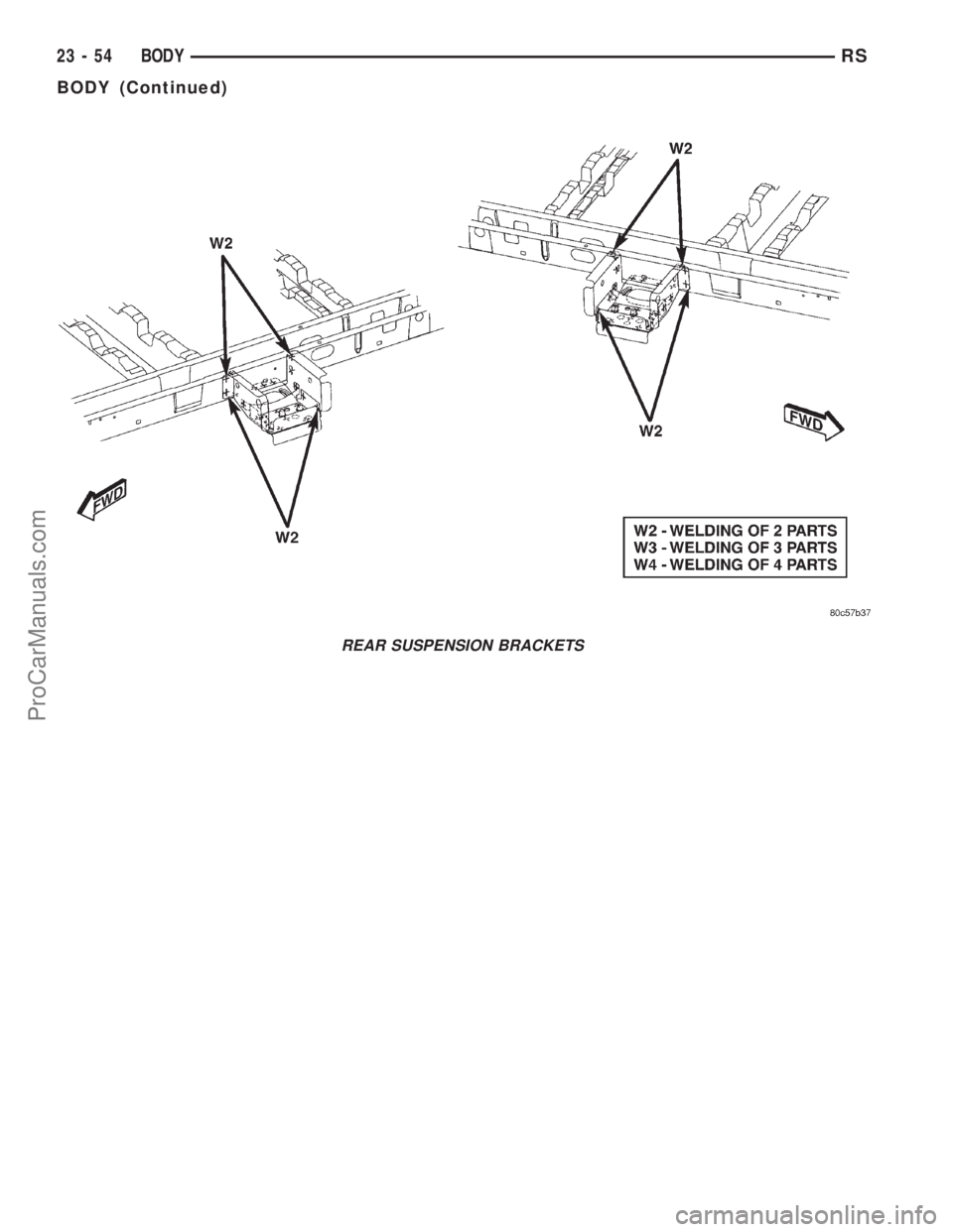 DODGE TOWN AND COUNTRY 2001 Service Manual REAR SUSPENSION BRACKETS
23 - 54 BODYRS
BODY (Continued)
ProCarManuals.com DODGE TOWN AND COUNTRY 2001 Service Manual REAR SUSPENSION BRACKETS
23 - 54 BODYRS
BODY (Continued)
ProCarManuals.com