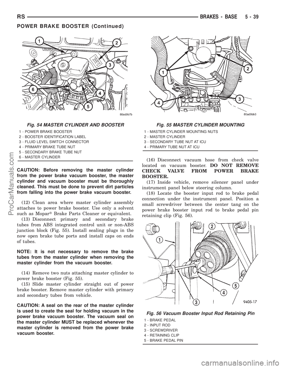 DODGE TOWN AND COUNTRY 2001 Service Manual CAUTION: Before removing the master cylinder
from the power brake vacuum booster, the master
cylinder and vacuum booster must be thoroughly
cleaned. This must be done to prevent dirt particles
from fa DODGE TOWN AND COUNTRY 2001 Service Manual CAUTION: Before removing the master cylinder
from the power brake vacuum booster, the master
cylinder and vacuum booster must be thoroughly
cleaned. This must be done to prevent dirt particles
from fa