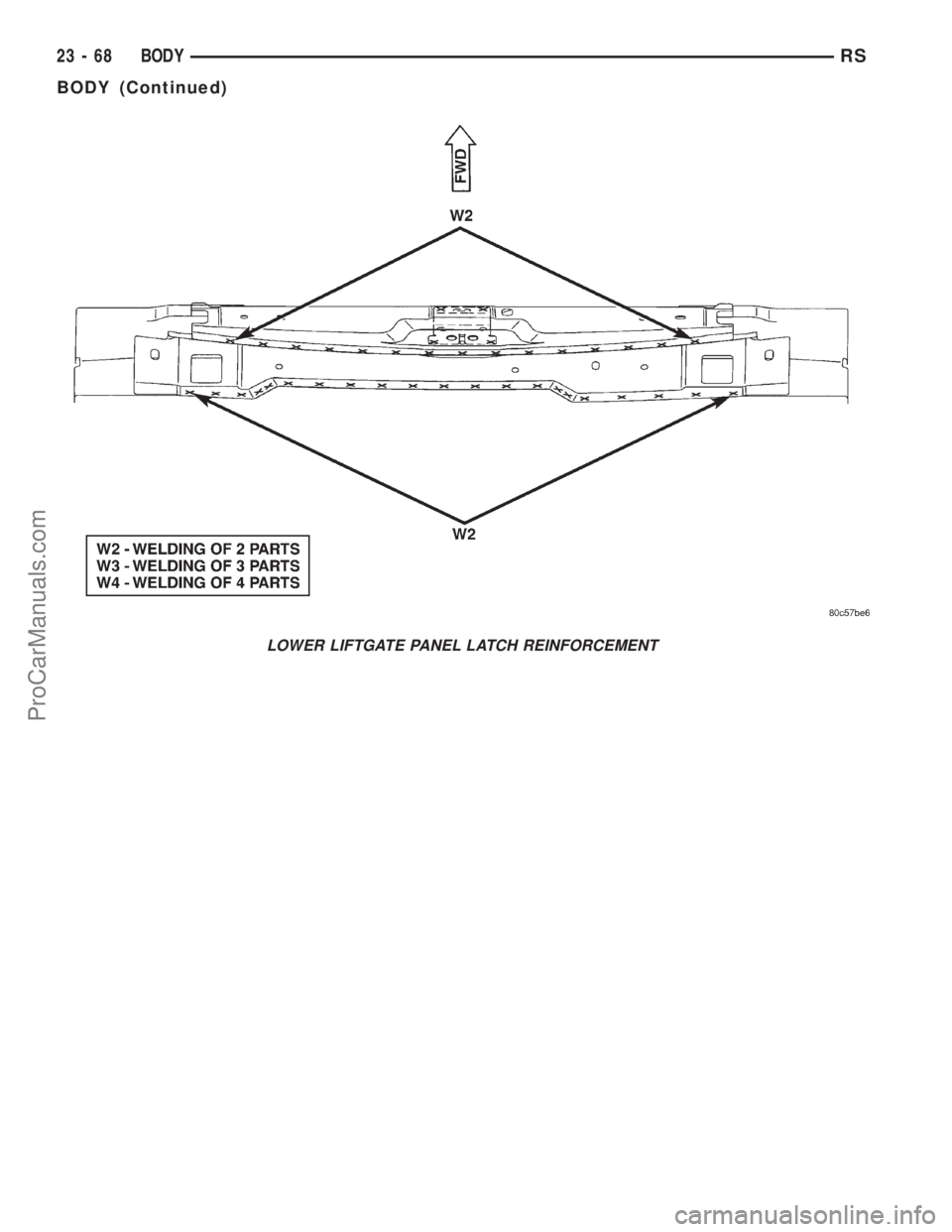 DODGE TOWN AND COUNTRY 2001 Service Manual LOWER LIFTGATE PANEL LATCH REINFORCEMENT
23 - 68 BODYRS
BODY (Continued)
ProCarManuals.com DODGE TOWN AND COUNTRY 2001 Service Manual LOWER LIFTGATE PANEL LATCH REINFORCEMENT
23 - 68 BODYRS
BODY (Continued)
ProCarManuals.com