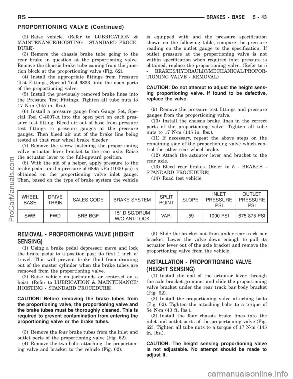 DODGE TOWN AND COUNTRY 2001 Service Manual (2) Raise vehicle. (Refer to LUBRICATION &
MAINTENANCE/HOISTING - STANDARD PROCE-
DURE)
(3) Remove the chassis brake tube going to the
rear brake in question at the proportioning valve.
Remove the cha DODGE TOWN AND COUNTRY 2001 Service Manual (2) Raise vehicle. (Refer to LUBRICATION &
MAINTENANCE/HOISTING - STANDARD PROCE-
DURE)
(3) Remove the chassis brake tube going to the
rear brake in question at the proportioning valve.
Remove the cha