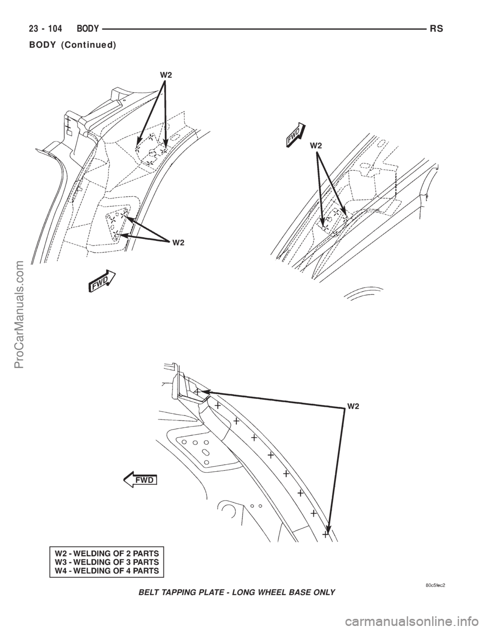 DODGE TOWN AND COUNTRY 2001 Service Manual BELT TAPPING PLATE - LONG WHEEL BASE ONLY
23 - 104 BODYRS
BODY (Continued)
ProCarManuals.com DODGE TOWN AND COUNTRY 2001 Service Manual BELT TAPPING PLATE - LONG WHEEL BASE ONLY
23 - 104 BODYRS
BODY (Continued)
ProCarManuals.com
