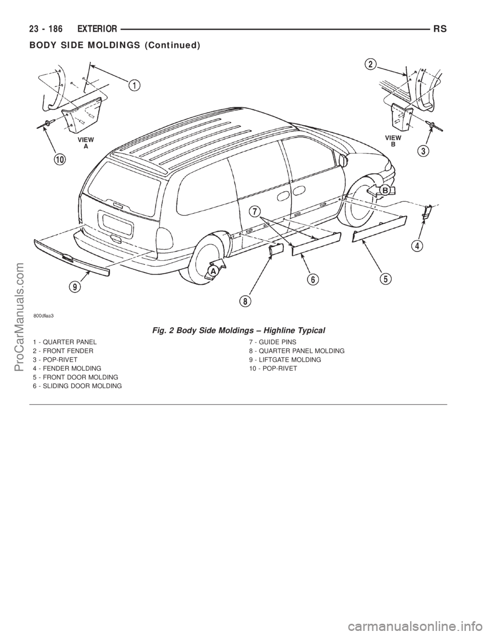 DODGE TOWN AND COUNTRY 2001 Service Manual Fig. 2 Body Side Moldings ± Highline Typical
1 - QUARTER PANEL
2 - FRONT FENDER
3 - POP-RIVET
4 - FENDER MOLDING
5 - FRONT DOOR MOLDING
6 - SLIDING DOOR MOLDING7 - GUIDE PINS
8 - QUARTER PANEL MOLDIN DODGE TOWN AND COUNTRY 2001 Service Manual Fig. 2 Body Side Moldings ± Highline Typical
1 - QUARTER PANEL
2 - FRONT FENDER
3 - POP-RIVET
4 - FENDER MOLDING
5 - FRONT DOOR MOLDING
6 - SLIDING DOOR MOLDING7 - GUIDE PINS
8 - QUARTER PANEL MOLDIN