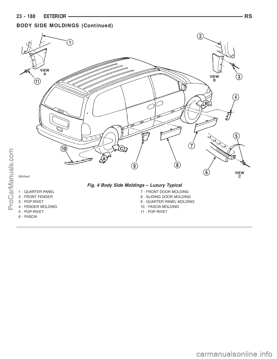 DODGE TOWN AND COUNTRY 2001 Service Manual Fig. 4 Body Side Moldings ± Luxury Typical
1 - QUARTER PANEL
2 - FRONT FENDER
3 - POP-RIVET
4 - FENDER MOLDING
5 - POP-RIVET
6 - FASCIA7 - FRONT DOOR MOLDING
8 - SLIDING DOOR MOLDING
9 - QUARTER PANE DODGE TOWN AND COUNTRY 2001 Service Manual Fig. 4 Body Side Moldings ± Luxury Typical
1 - QUARTER PANEL
2 - FRONT FENDER
3 - POP-RIVET
4 - FENDER MOLDING
5 - POP-RIVET
6 - FASCIA7 - FRONT DOOR MOLDING
8 - SLIDING DOOR MOLDING
9 - QUARTER PANE