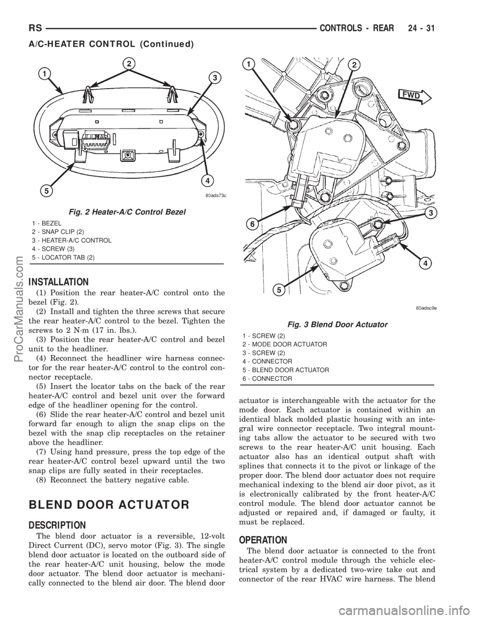 DODGE TOWN AND COUNTRY 2001 Service Manual INSTALLATION
(1) Position the rear heater-A/C control onto the
bezel (Fig. 2).
(2) Install and tighten the three screws that secure
the rear heater-A/C control to the bezel. Tighten the
screws to 2 NÂ DODGE TOWN AND COUNTRY 2001 Service Manual INSTALLATION
(1) Position the rear heater-A/C control onto the
bezel (Fig. 2).
(2) Install and tighten the three screws that secure
the rear heater-A/C control to the bezel. Tighten the
screws to 2 NÂ
