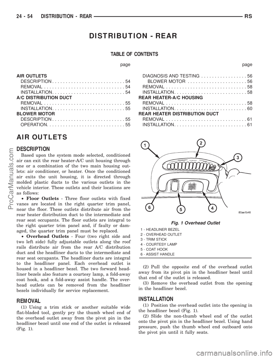 DODGE TOWN AND COUNTRY 2001 Service Manual DISTRIBUTION - REAR
TABLE OF CONTENTS
page page
AIR OUTLETS
DESCRIPTION...........................54
REMOVAL..............................54
INSTALLATION...........................54
A/C DISTRIBUTION DODGE TOWN AND COUNTRY 2001 Service Manual DISTRIBUTION - REAR
TABLE OF CONTENTS
page page
AIR OUTLETS
DESCRIPTION...........................54
REMOVAL..............................54
INSTALLATION...........................54
A/C DISTRIBUTION