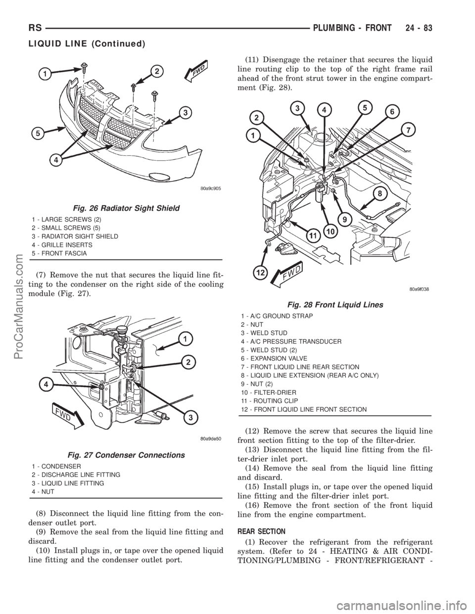 DODGE TOWN AND COUNTRY 2001 Service Manual (7) Remove the nut that secures the liquid line fit-
ting to the condenser on the right side of the cooling
module (Fig. 27).
(8) Disconnect the liquid line fitting from the con-
denser outlet port.
( DODGE TOWN AND COUNTRY 2001 Service Manual (7) Remove the nut that secures the liquid line fit-
ting to the condenser on the right side of the cooling
module (Fig. 27).
(8) Disconnect the liquid line fitting from the con-
denser outlet port.
(