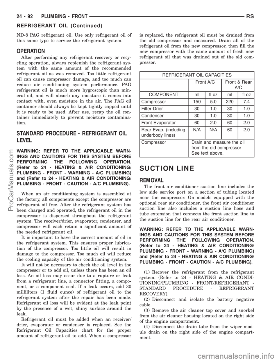 DODGE TOWN AND COUNTRY 2001 Service Manual ND-8 PAG refrigerant oil. Use only refrigerant oil of
this same type to service the refrigerant system.
OPERATION
After performing any refrigerant recovery or recy-
cling operation, always replenish t DODGE TOWN AND COUNTRY 2001 Service Manual ND-8 PAG refrigerant oil. Use only refrigerant oil of
this same type to service the refrigerant system.
OPERATION
After performing any refrigerant recovery or recy-
cling operation, always replenish t