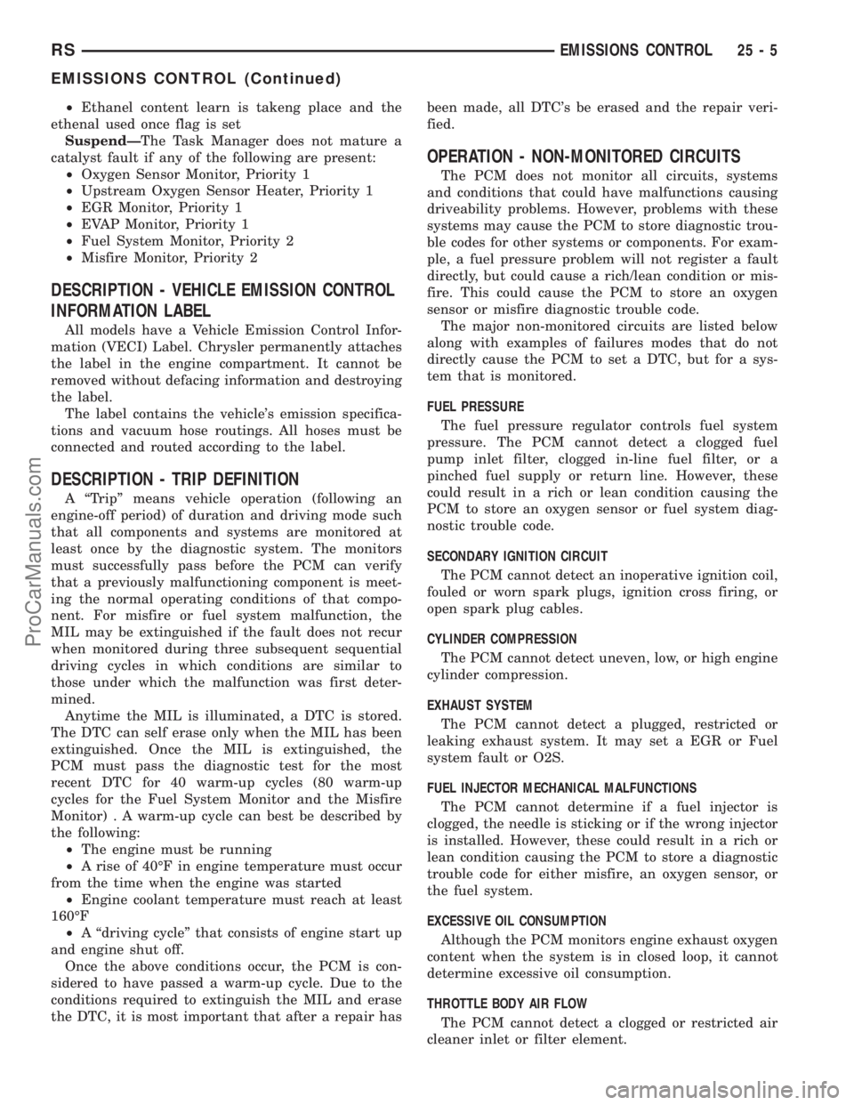 DODGE TOWN AND COUNTRY 2001 Service Manual ²Ethanel content learn is takeng place and the
ethenal used once flag is set
SuspendÐThe Task Manager does not mature a
catalyst fault if any of the following are present:
²Oxygen Sensor Monitor, P DODGE TOWN AND COUNTRY 2001 Service Manual ²Ethanel content learn is takeng place and the
ethenal used once flag is set
SuspendÐThe Task Manager does not mature a
catalyst fault if any of the following are present:
²Oxygen Sensor Monitor, P