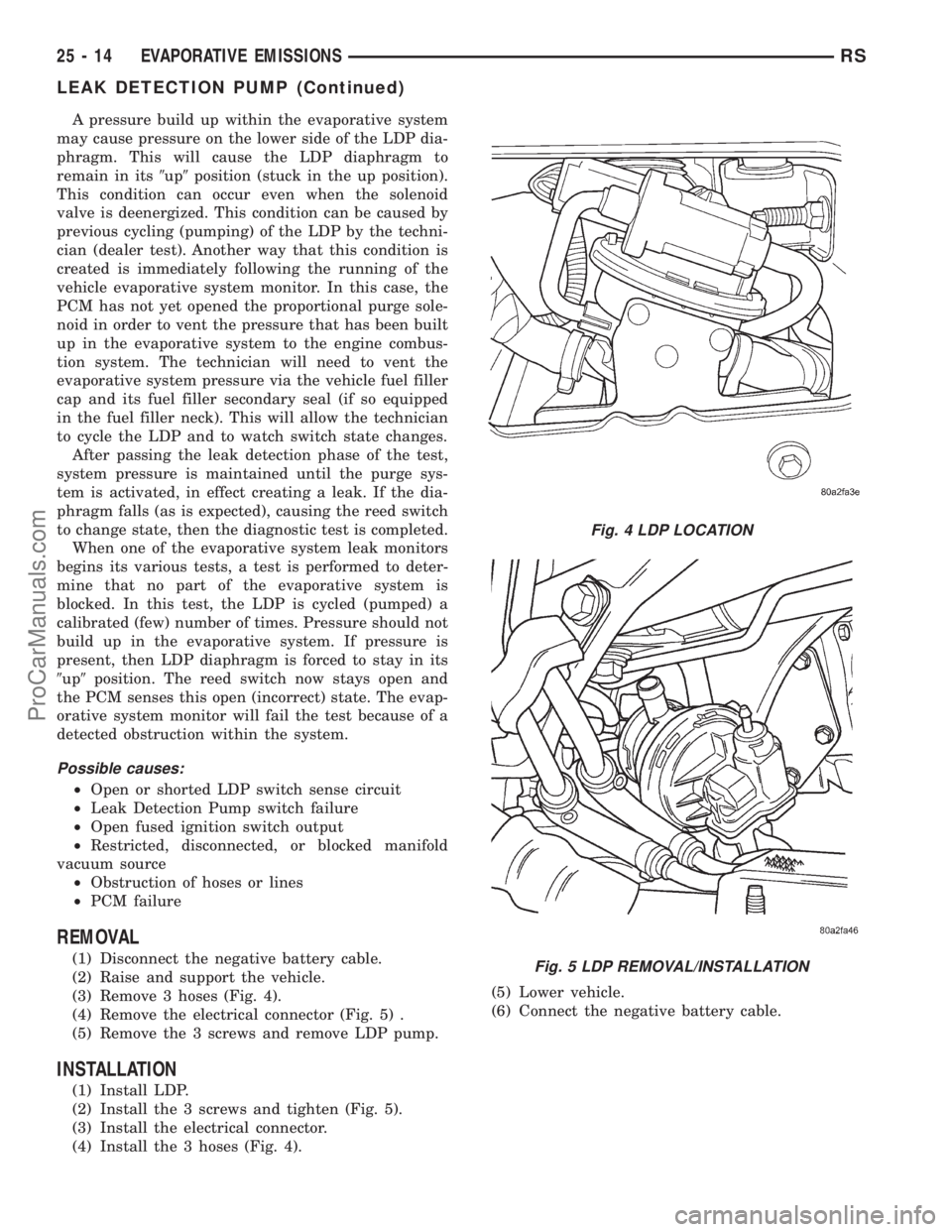 DODGE TOWN AND COUNTRY 2001 Service Manual A pressure build up within the evaporative system
may cause pressure on the lower side of the LDP dia-
phragm. This will cause the LDP diaphragm to
remain in its9up9position (stuck in the up position) DODGE TOWN AND COUNTRY 2001 Service Manual A pressure build up within the evaporative system
may cause pressure on the lower side of the LDP dia-
phragm. This will cause the LDP diaphragm to
remain in its9up9position (stuck in the up position)