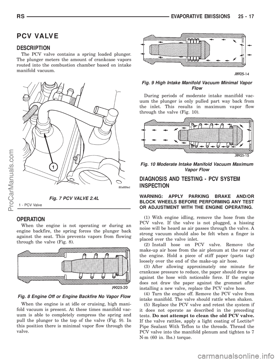 DODGE TOWN AND COUNTRY 2001 Service Manual PCV VALVE
DESCRIPTION
The PCV valve contains a spring loaded plunger.
The plunger meters the amount of crankcase vapors
routed into the combustion chamber based on intake
manifold vacuum.
OPERATION
Wh DODGE TOWN AND COUNTRY 2001 Service Manual PCV VALVE
DESCRIPTION
The PCV valve contains a spring loaded plunger.
The plunger meters the amount of crankcase vapors
routed into the combustion chamber based on intake
manifold vacuum.
OPERATION
Wh