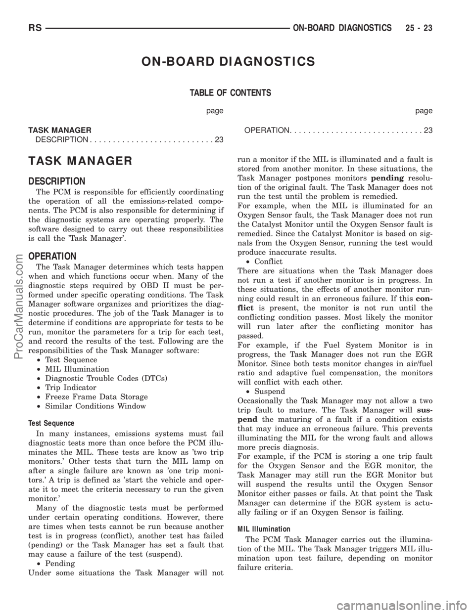 DODGE TOWN AND COUNTRY 2001 Service Manual ON-BOARD DIAGNOSTICS
TABLE OF CONTENTS
page page
TASK MANAGER
DESCRIPTION...........................23OPERATION.............................23
TASK MANAGER
DESCRIPTION
The PCM is responsible for effic DODGE TOWN AND COUNTRY 2001 Service Manual ON-BOARD DIAGNOSTICS
TABLE OF CONTENTS
page page
TASK MANAGER
DESCRIPTION...........................23OPERATION.............................23
TASK MANAGER
DESCRIPTION
The PCM is responsible for effic