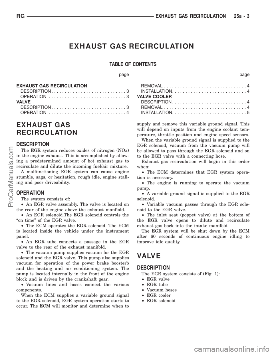 DODGE TOWN AND COUNTRY 2001 Service Manual EXHAUST GAS RECIRCULATION
TABLE OF CONTENTS
page page
EXHAUST GAS RECIRCULATION
DESCRIPTION............................3
OPERATION.............................3
VA LV E
DESCRIPTION.................... DODGE TOWN AND COUNTRY 2001 Service Manual EXHAUST GAS RECIRCULATION
TABLE OF CONTENTS
page page
EXHAUST GAS RECIRCULATION
DESCRIPTION............................3
OPERATION.............................3
VA LV E
DESCRIPTION....................