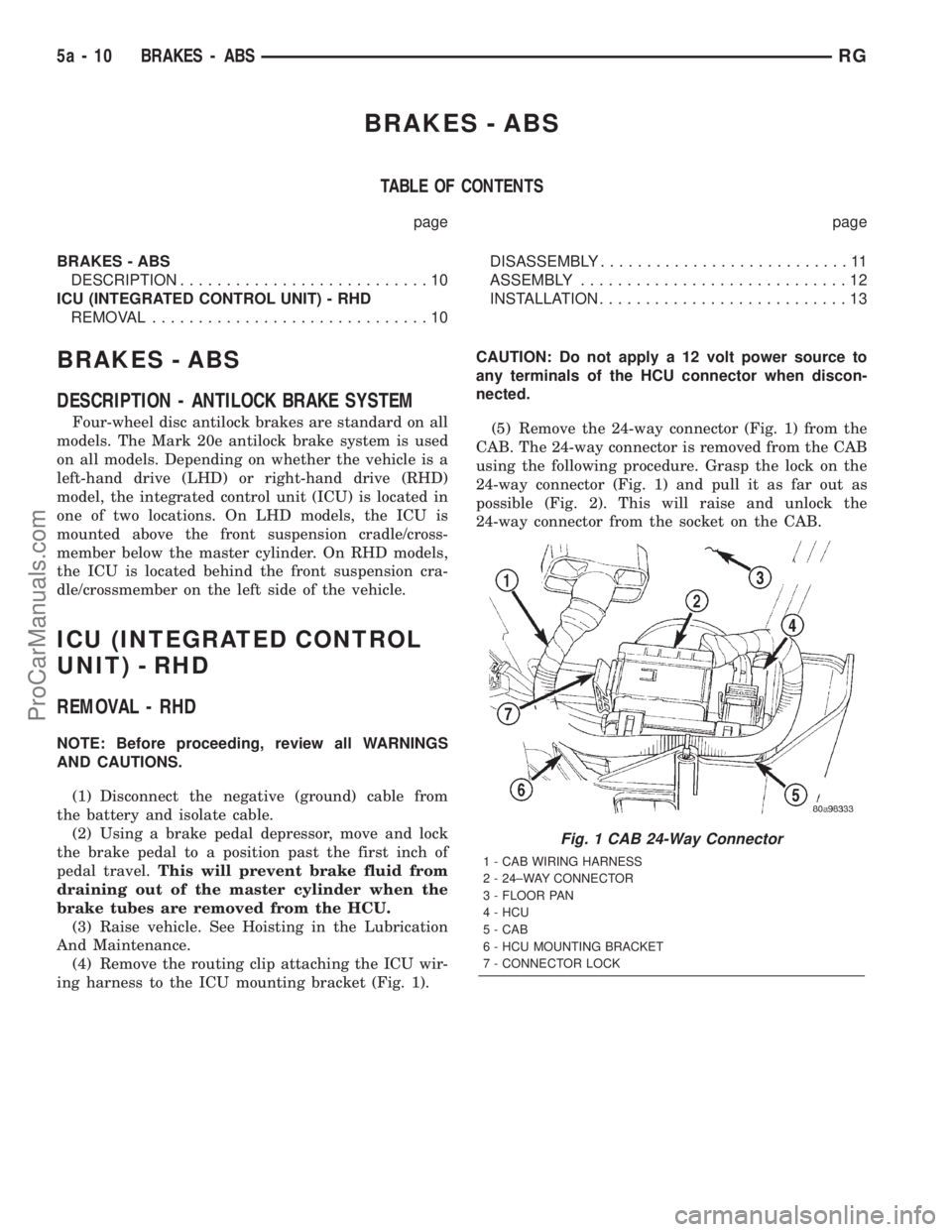 DODGE TOWN AND COUNTRY 2001 Service Manual BRAKES - ABS
TABLE OF CONTENTS
page page
BRAKES - ABS
DESCRIPTION...........................10
ICU (INTEGRATED CONTROL UNIT) - RHD
REMOVAL..............................10DISASSEMBLY................... DODGE TOWN AND COUNTRY 2001 Service Manual BRAKES - ABS
TABLE OF CONTENTS
page page
BRAKES - ABS
DESCRIPTION...........................10
ICU (INTEGRATED CONTROL UNIT) - RHD
REMOVAL..............................10DISASSEMBLY...................