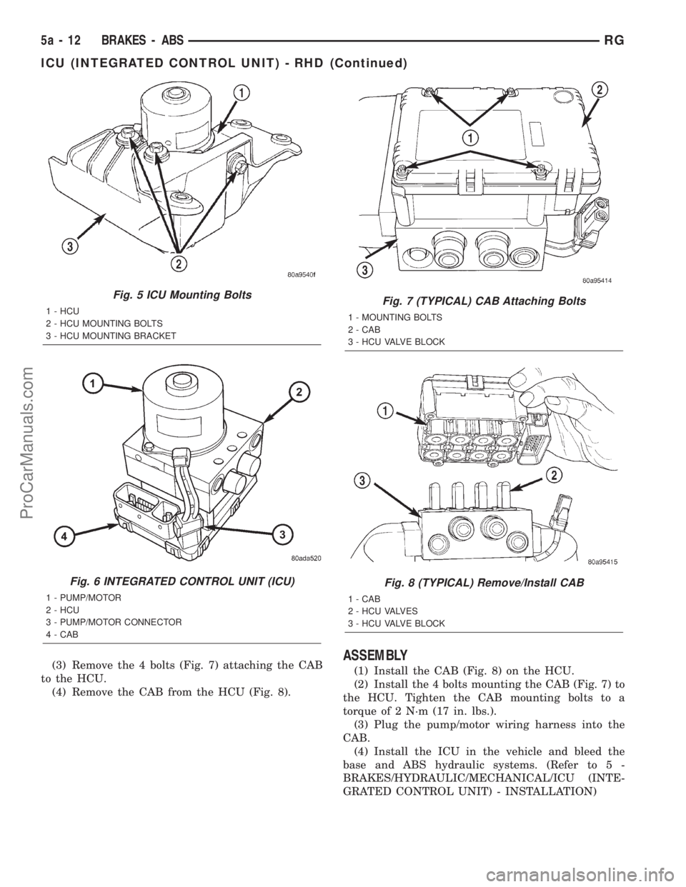 DODGE TOWN AND COUNTRY 2001 Service Manual (3) Remove the 4 bolts (Fig. 7) attaching the CAB
to the HCU.
(4) Remove the CAB from the HCU (Fig. 8).ASSEMBLY
(1) Install the CAB (Fig. 8) on the HCU.
(2) Install the 4 bolts mounting the CAB (Fig. DODGE TOWN AND COUNTRY 2001 Service Manual (3) Remove the 4 bolts (Fig. 7) attaching the CAB
to the HCU.
(4) Remove the CAB from the HCU (Fig. 8).ASSEMBLY
(1) Install the CAB (Fig. 8) on the HCU.
(2) Install the 4 bolts mounting the CAB (Fig.