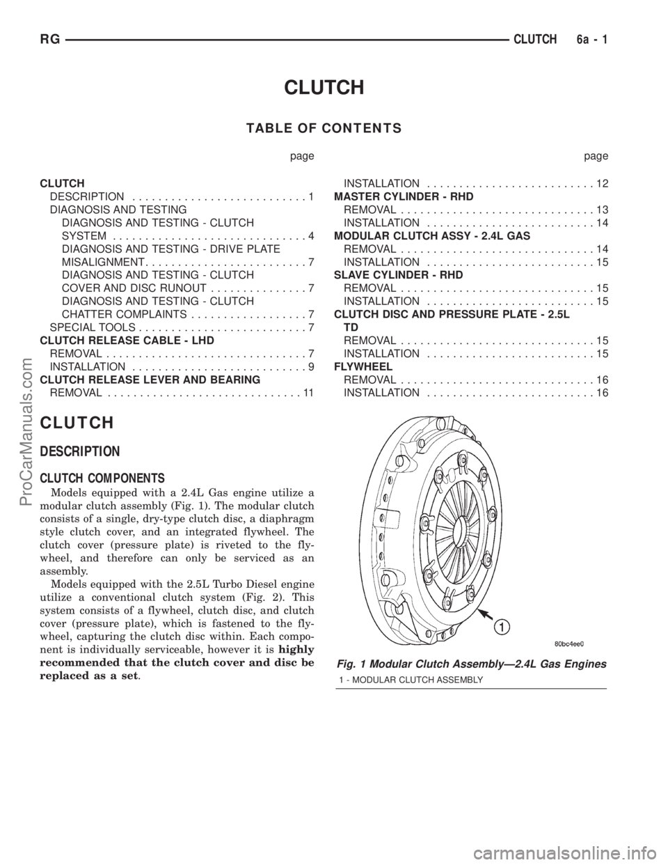 DODGE TOWN AND COUNTRY 2001 Service Manual CLUTCH
TABLE OF CONTENTS
page page
CLUTCH
DESCRIPTION...........................1
DIAGNOSIS AND TESTING
DIAGNOSIS AND TESTING - CLUTCH
SYSTEM..............................4
DIAGNOSIS AND TESTING - DRI DODGE TOWN AND COUNTRY 2001 Service Manual CLUTCH
TABLE OF CONTENTS
page page
CLUTCH
DESCRIPTION...........................1
DIAGNOSIS AND TESTING
DIAGNOSIS AND TESTING - CLUTCH
SYSTEM..............................4
DIAGNOSIS AND TESTING - DRI
