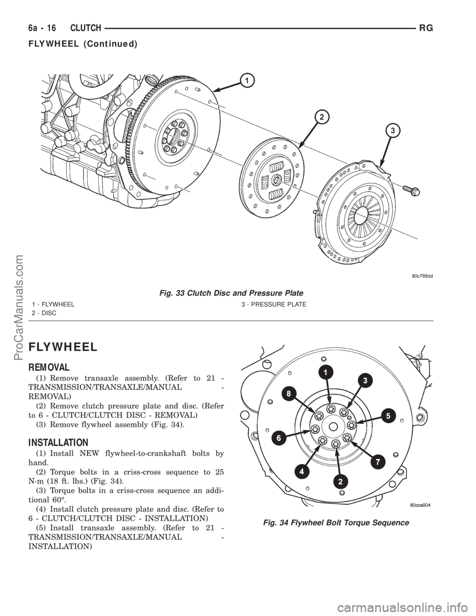 DODGE TOWN AND COUNTRY 2001 Service Manual FLYWHEEL
REMOVAL
(1) Remove transaxle assembly. (Refer to 21 -
TRANSMISSION/TRANSAXLE/MANUAL -
REMOVAL)
(2) Remove clutch pressure plate and disc. (Refer
to 6 - CLUTCH/CLUTCH DISC - REMOVAL)
(3) Remov DODGE TOWN AND COUNTRY 2001 Service Manual FLYWHEEL
REMOVAL
(1) Remove transaxle assembly. (Refer to 21 -
TRANSMISSION/TRANSAXLE/MANUAL -
REMOVAL)
(2) Remove clutch pressure plate and disc. (Refer
to 6 - CLUTCH/CLUTCH DISC - REMOVAL)
(3) Remov