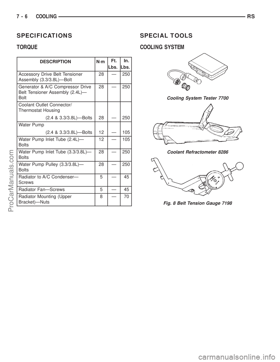 DODGE TOWN AND COUNTRY 2001 Service Manual SPECIFICATIONS
TORQUE
DESCRIPTION N´mFt.
Lbs.In.
Lbs.
Accessory Drive Belt Tensioner
Assembly (3.3/3.8L)ÐBolt28 Ð 250
Generator & A/C Compressor Drive
Belt Tensioner Assembly (2.4L)Ð
Bolt28 Ð 250 DODGE TOWN AND COUNTRY 2001 Service Manual SPECIFICATIONS
TORQUE
DESCRIPTION N´mFt.
Lbs.In.
Lbs.
Accessory Drive Belt Tensioner
Assembly (3.3/3.8L)ÐBolt28 Ð 250
Generator & A/C Compressor Drive
Belt Tensioner Assembly (2.4L)Ð
Bolt28 Ð 250