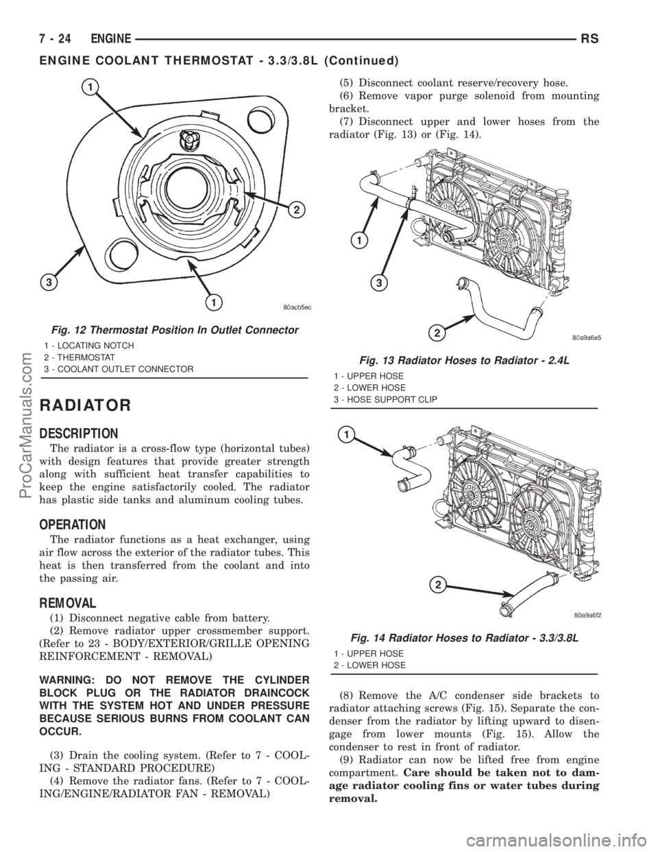 DODGE TOWN AND COUNTRY 2001 Service Manual RADIATOR
DESCRIPTION
The radiator is a cross-flow type (horizontal tubes)
with design features that provide greater strength
along with sufficient heat transfer capabilities to
keep the engine satisfa DODGE TOWN AND COUNTRY 2001 Service Manual RADIATOR
DESCRIPTION
The radiator is a cross-flow type (horizontal tubes)
with design features that provide greater strength
along with sufficient heat transfer capabilities to
keep the engine satisfa