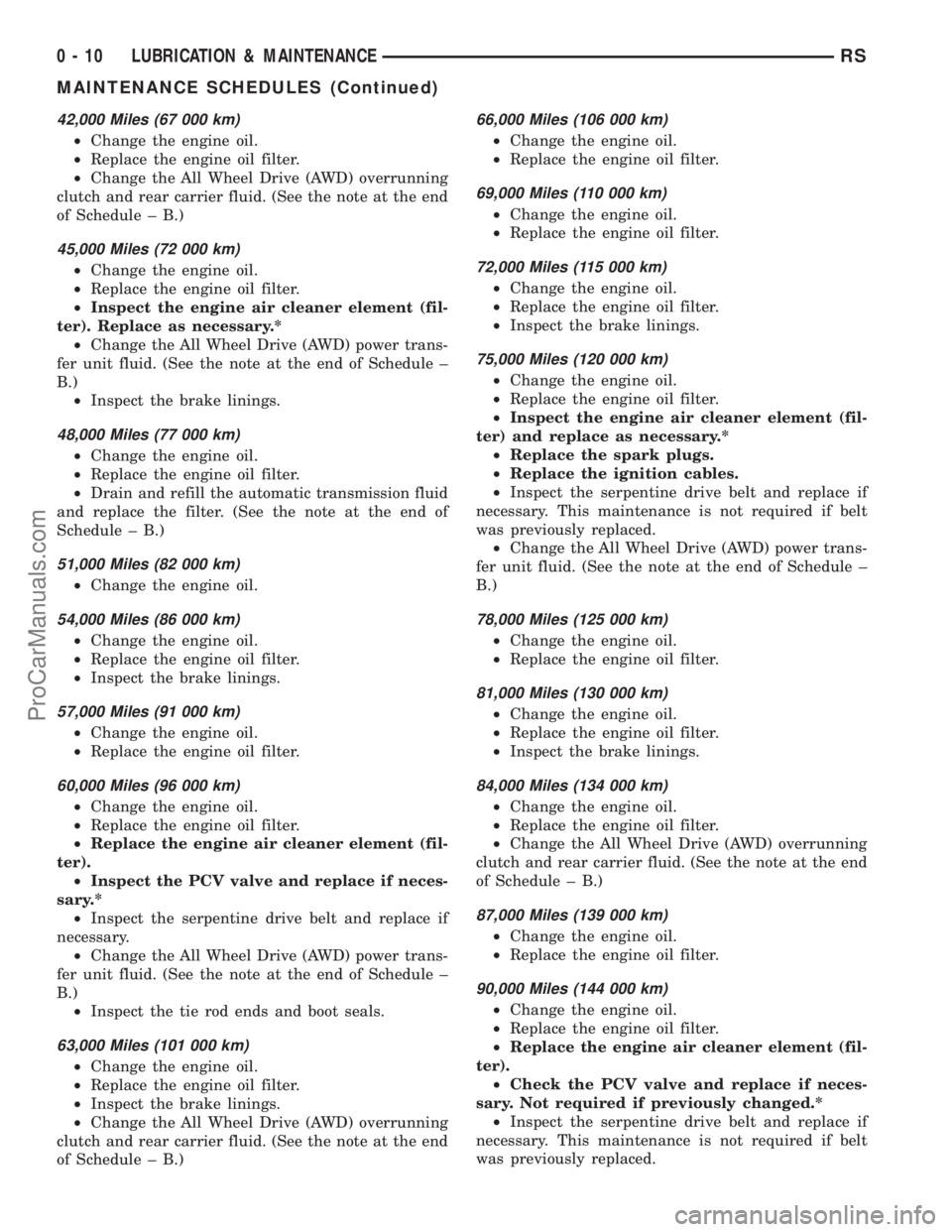 DODGE TOWN AND COUNTRY 2001  Service Manual 42,000 Miles (67 000 km)
²Change the engine oil.
²Replace the engine oil filter.
²Change the All Wheel Drive (AWD) overrunning
clutch and rear carrier fluid. (See the note at the end
of Schedule ±