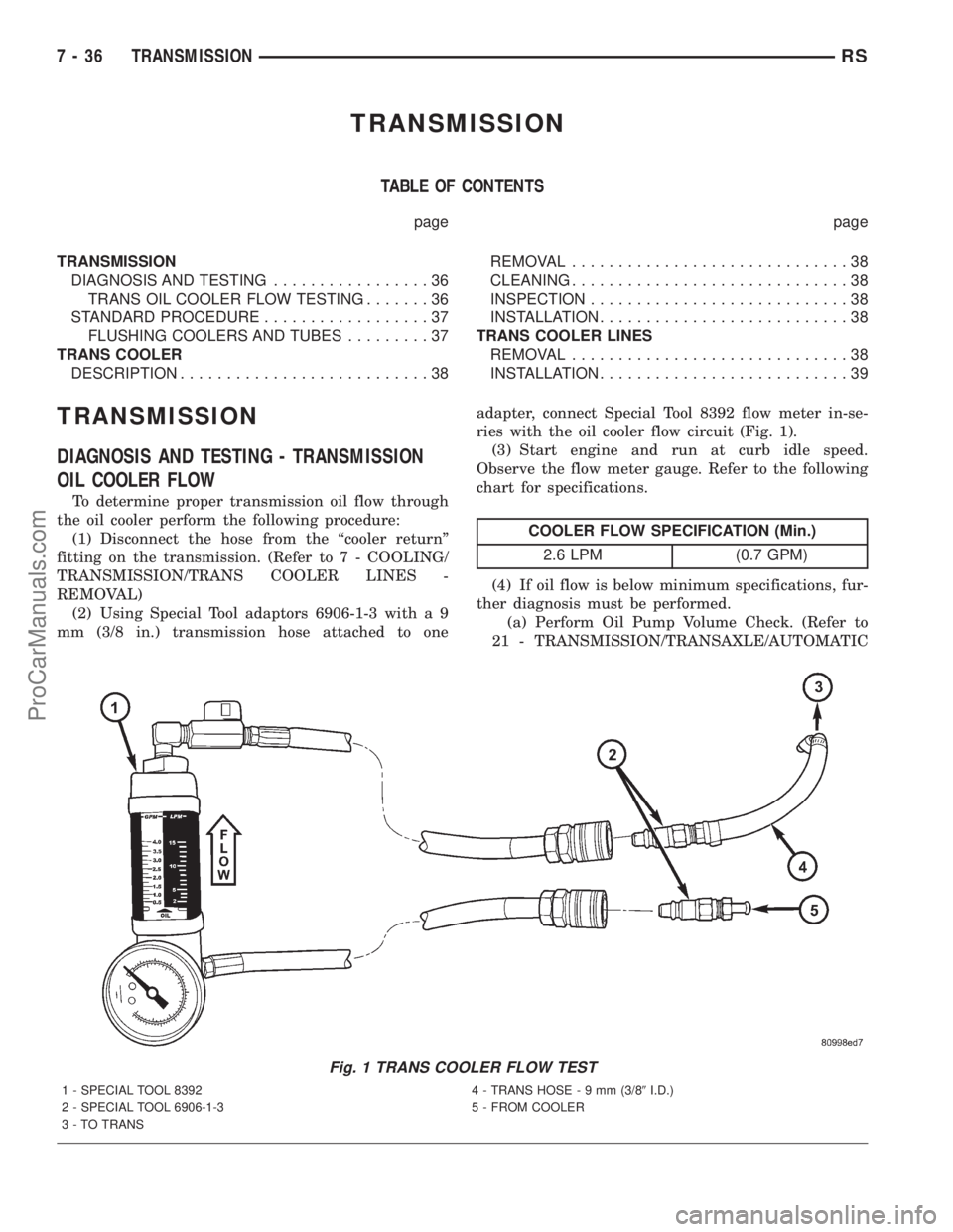 DODGE TOWN AND COUNTRY 2001 Service Manual TRANSMISSION
TABLE OF CONTENTS
page page
TRANSMISSION
DIAGNOSIS AND TESTING.................36
TRANS OIL COOLER FLOW TESTING.......36
STANDARD PROCEDURE..................37
FLUSHING COOLERS AND TUBES. DODGE TOWN AND COUNTRY 2001 Service Manual TRANSMISSION
TABLE OF CONTENTS
page page
TRANSMISSION
DIAGNOSIS AND TESTING.................36
TRANS OIL COOLER FLOW TESTING.......36
STANDARD PROCEDURE..................37
FLUSHING COOLERS AND TUBES.