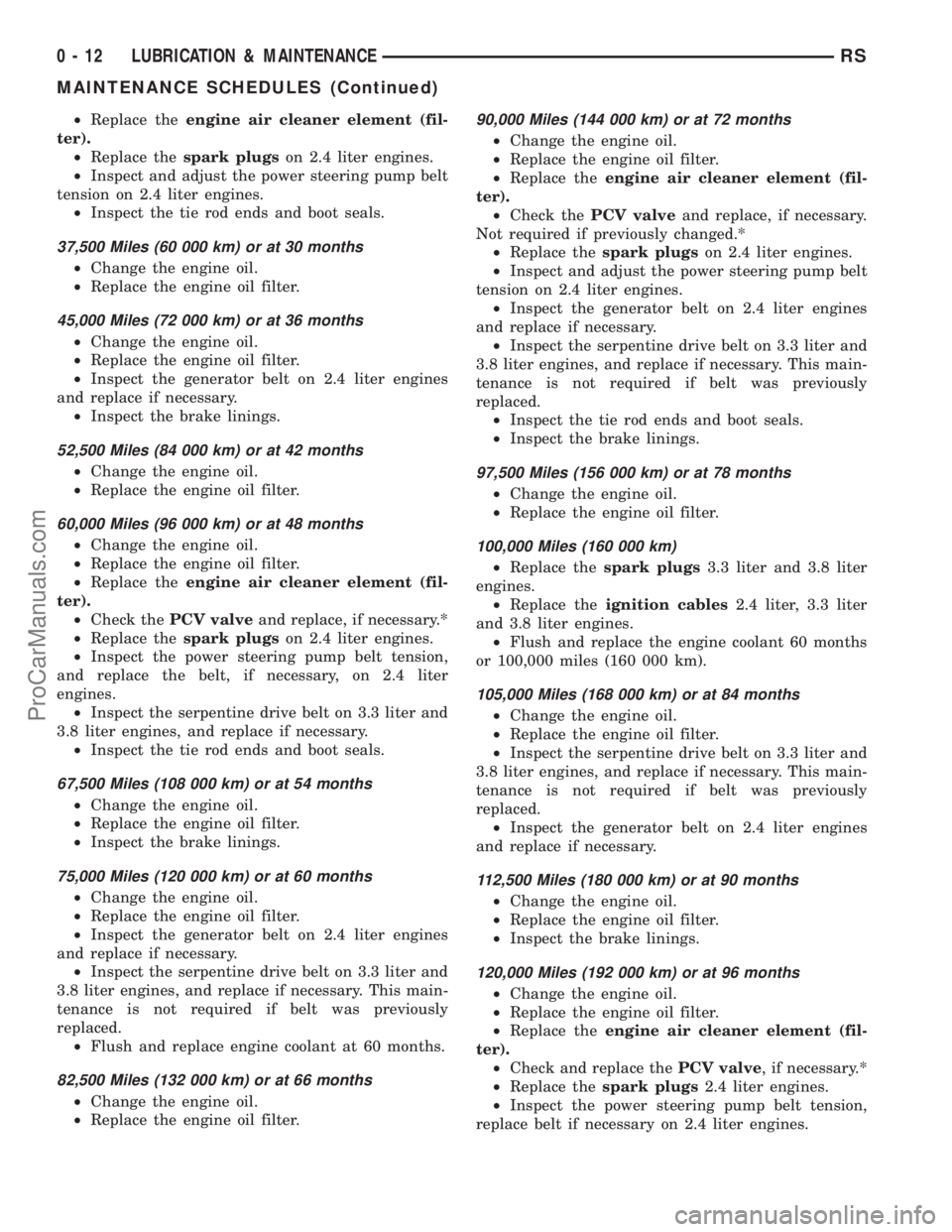 DODGE TOWN AND COUNTRY 2001 Service Manual ²Replace theengine air cleaner element (fil-
ter).
²Replace thespark plugson 2.4 liter engines.
²Inspect and adjust the power steering pump belt
tension on 2.4 liter engines.
²Inspect the tie rod DODGE TOWN AND COUNTRY 2001 Service Manual ²Replace theengine air cleaner element (fil-
ter).
²Replace thespark plugson 2.4 liter engines.
²Inspect and adjust the power steering pump belt
tension on 2.4 liter engines.
²Inspect the tie rod