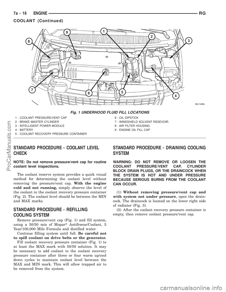 DODGE TOWN AND COUNTRY 2001 Service Manual STANDARD PROCEDURE - COOLANT LEVEL
CHECK
NOTE: Do not remove pressure/vent cap for routine
coolant level inspections.
The coolant reserve system provides a quick visual
method for determining the cool DODGE TOWN AND COUNTRY 2001 Service Manual STANDARD PROCEDURE - COOLANT LEVEL
CHECK
NOTE: Do not remove pressure/vent cap for routine
coolant level inspections.
The coolant reserve system provides a quick visual
method for determining the cool