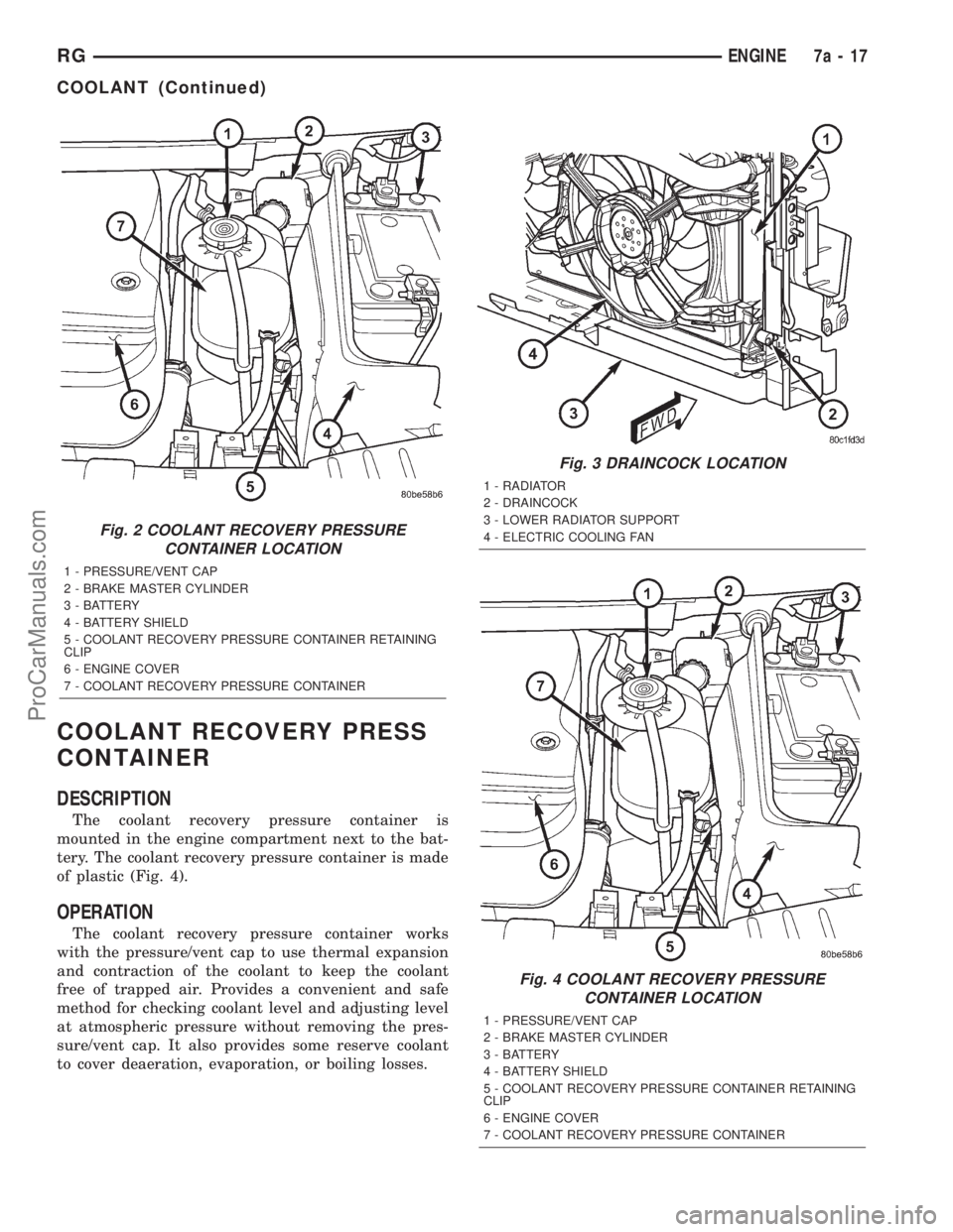 DODGE TOWN AND COUNTRY 2001 Service Manual COOLANT RECOVERY PRESS
CONTAINER
DESCRIPTION
The coolant recovery pressure container is
mounted in the engine compartment next to the bat-
tery. The coolant recovery pressure container is made
of plas DODGE TOWN AND COUNTRY 2001 Service Manual COOLANT RECOVERY PRESS
CONTAINER
DESCRIPTION
The coolant recovery pressure container is
mounted in the engine compartment next to the bat-
tery. The coolant recovery pressure container is made
of plas